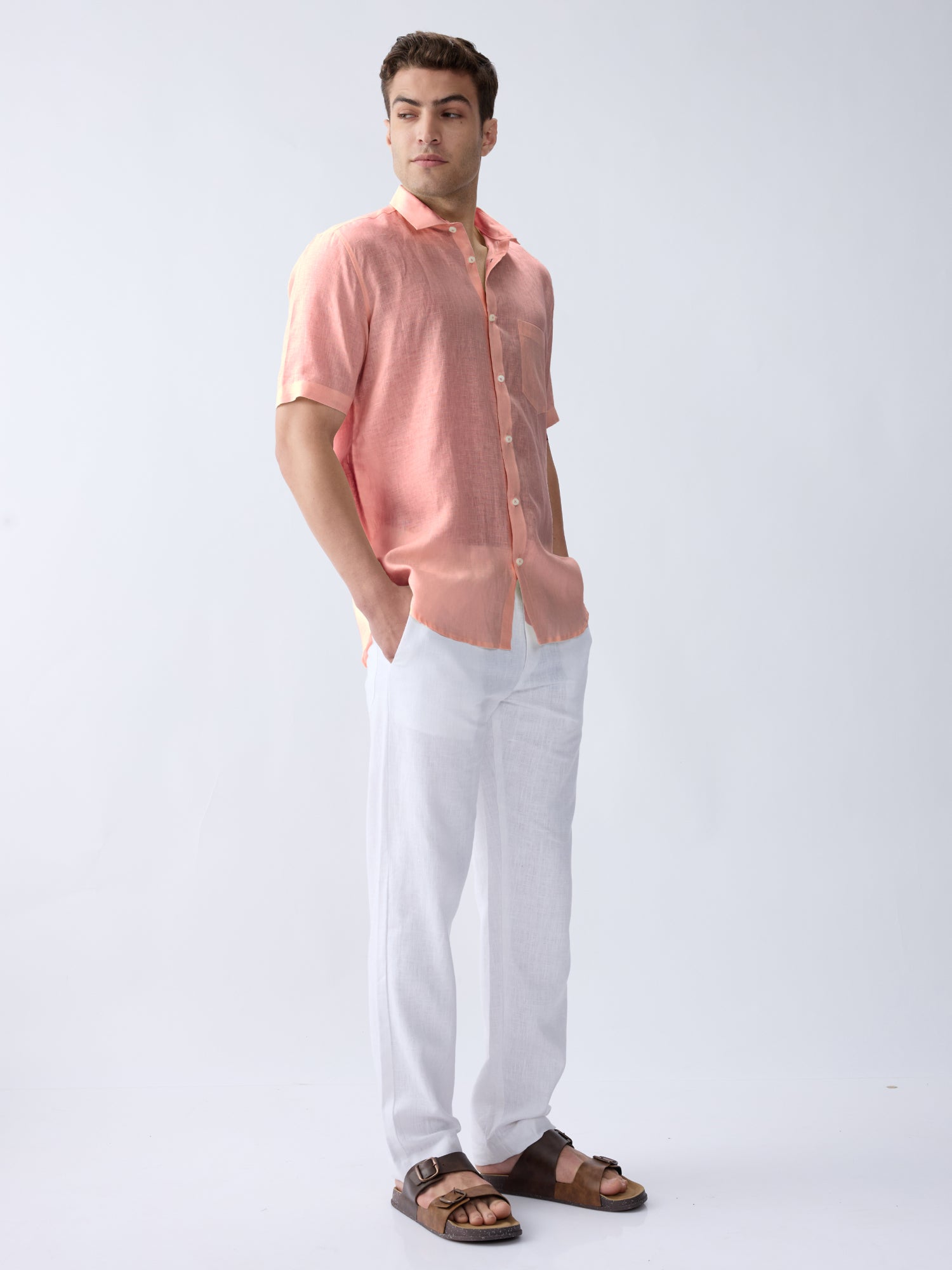 Coral Peach 100% Pure Linen Half Sleeve