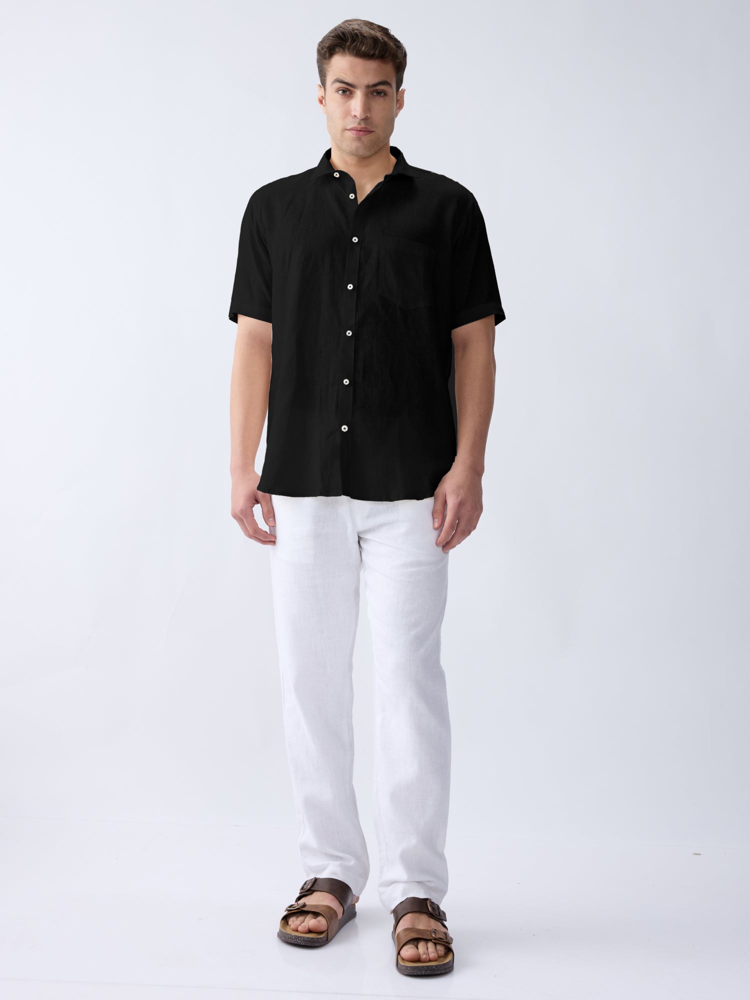 Black 100% Pure Linen Half Sleeve