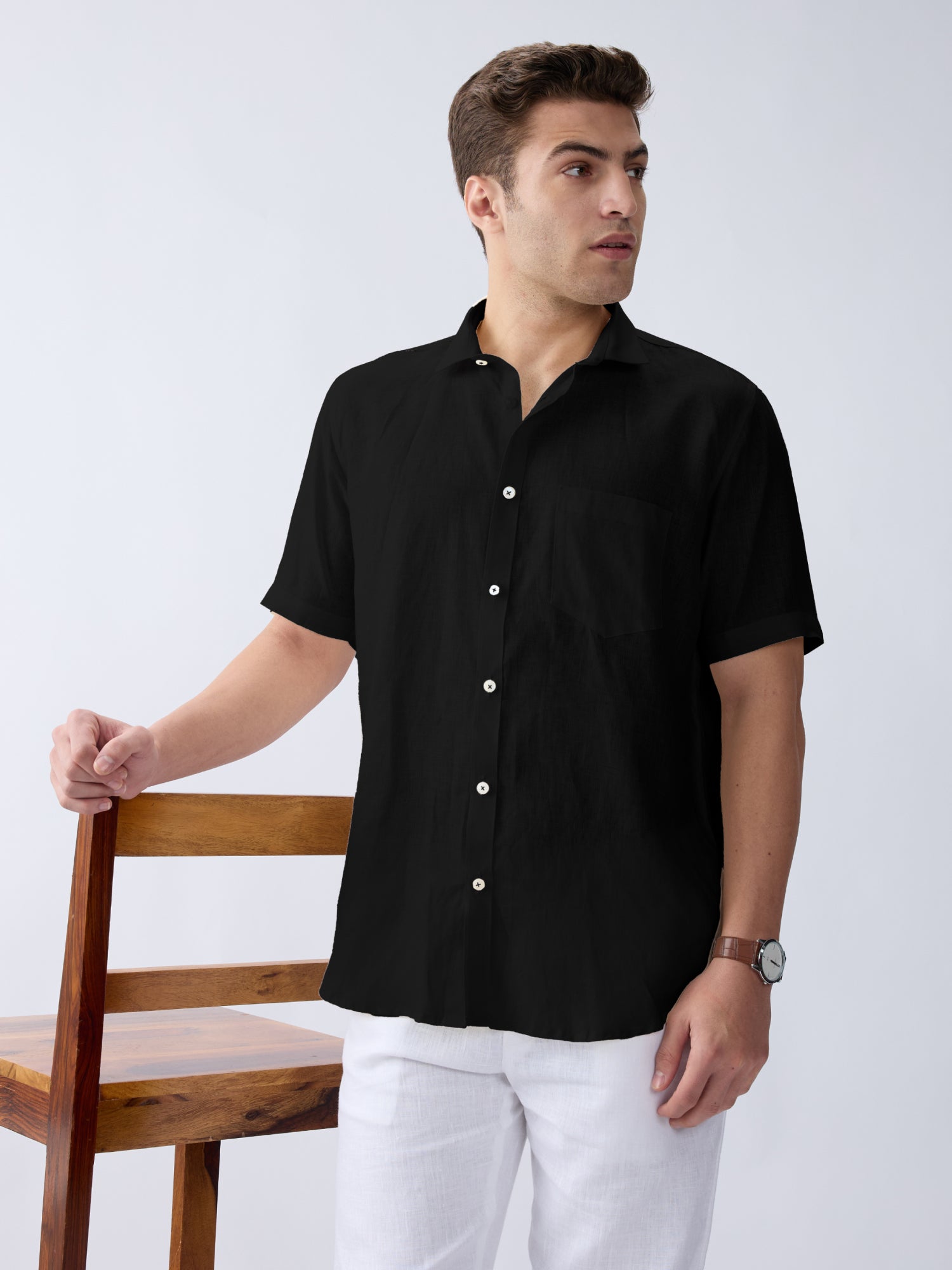 Black 100% Pure Linen Half Sleeve
