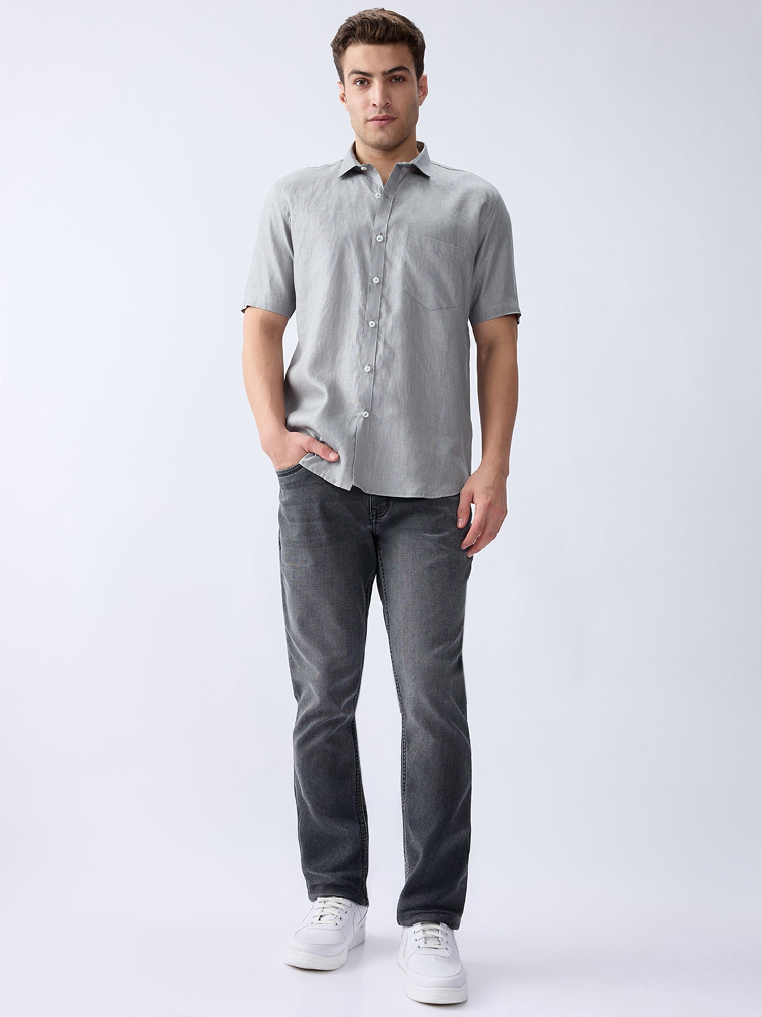 Light Gray 100% Pure Linen Half Sleeve