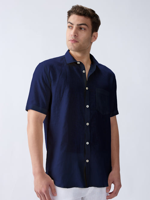 Navy 100% Pure Linen Half Sleeve