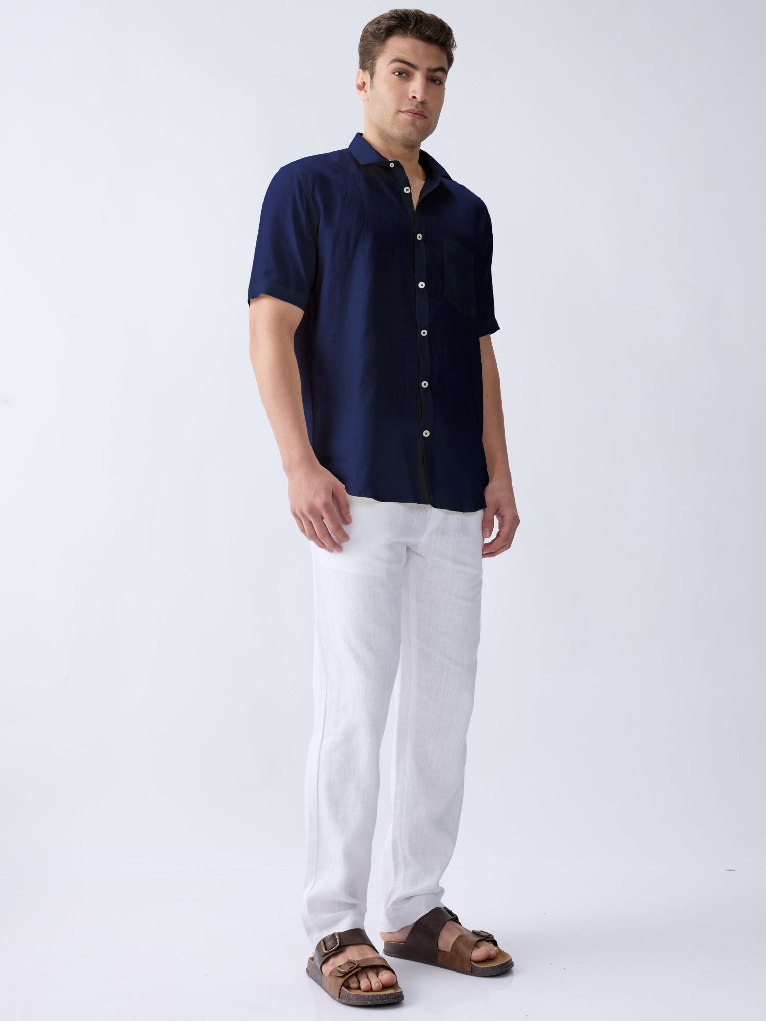 Navy 100% Pure Linen Half Sleeve