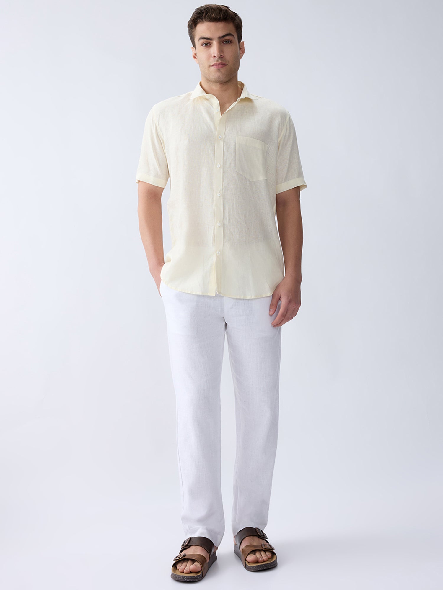 Cream Yellow 100% Pure Linen Half Sleeve