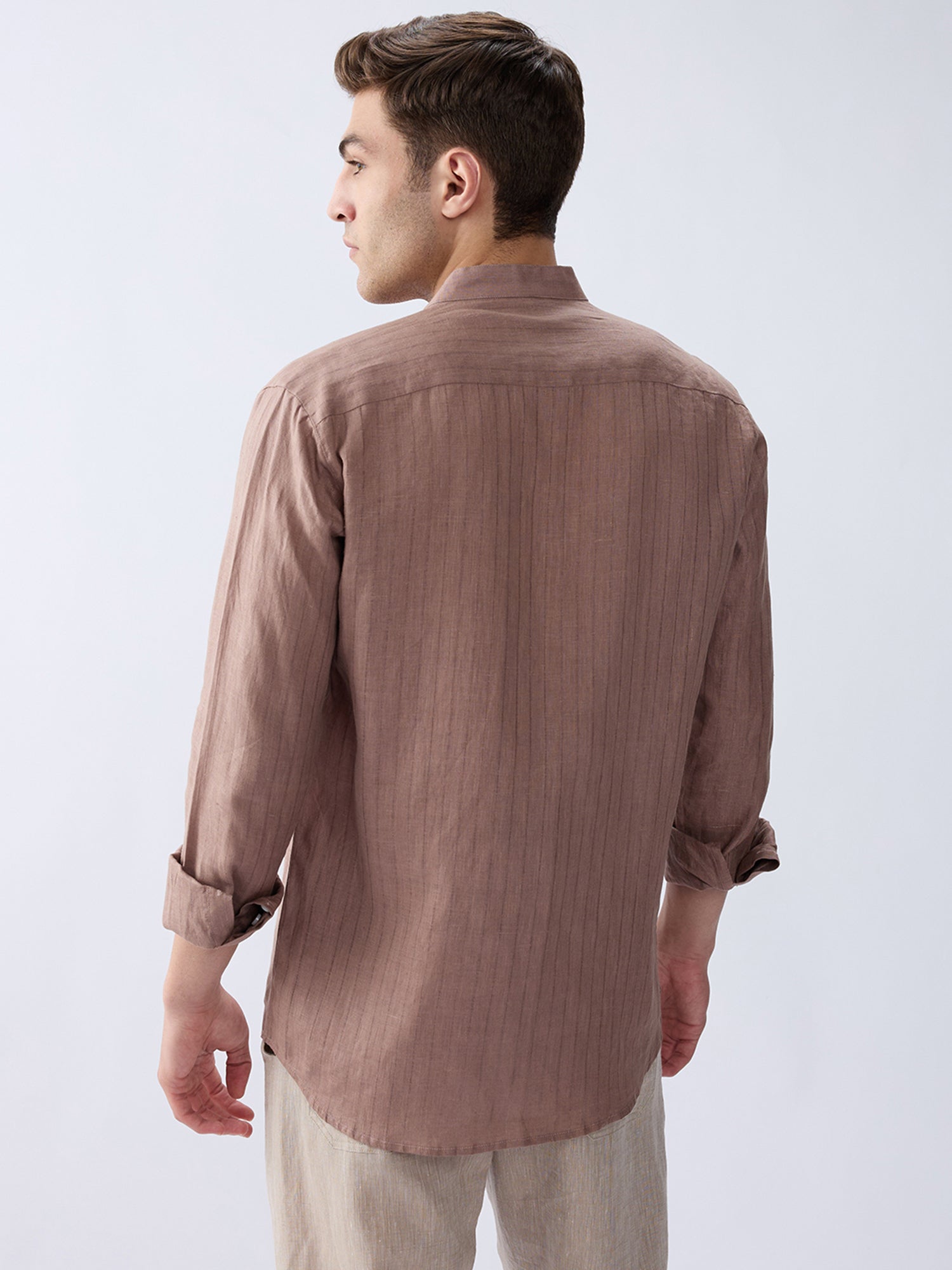Terra Brown 100% Pure Linen Stripe