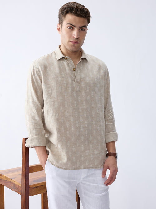Natural Beige Print 100% Pure Linen Short Kurta