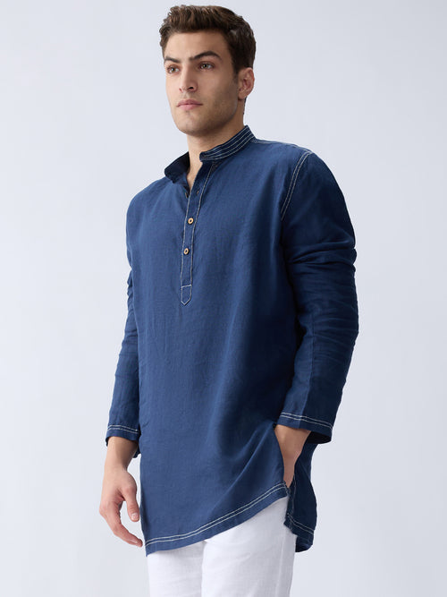 Mriga Navy | 100% Pure Linen Mid-Length Kurta