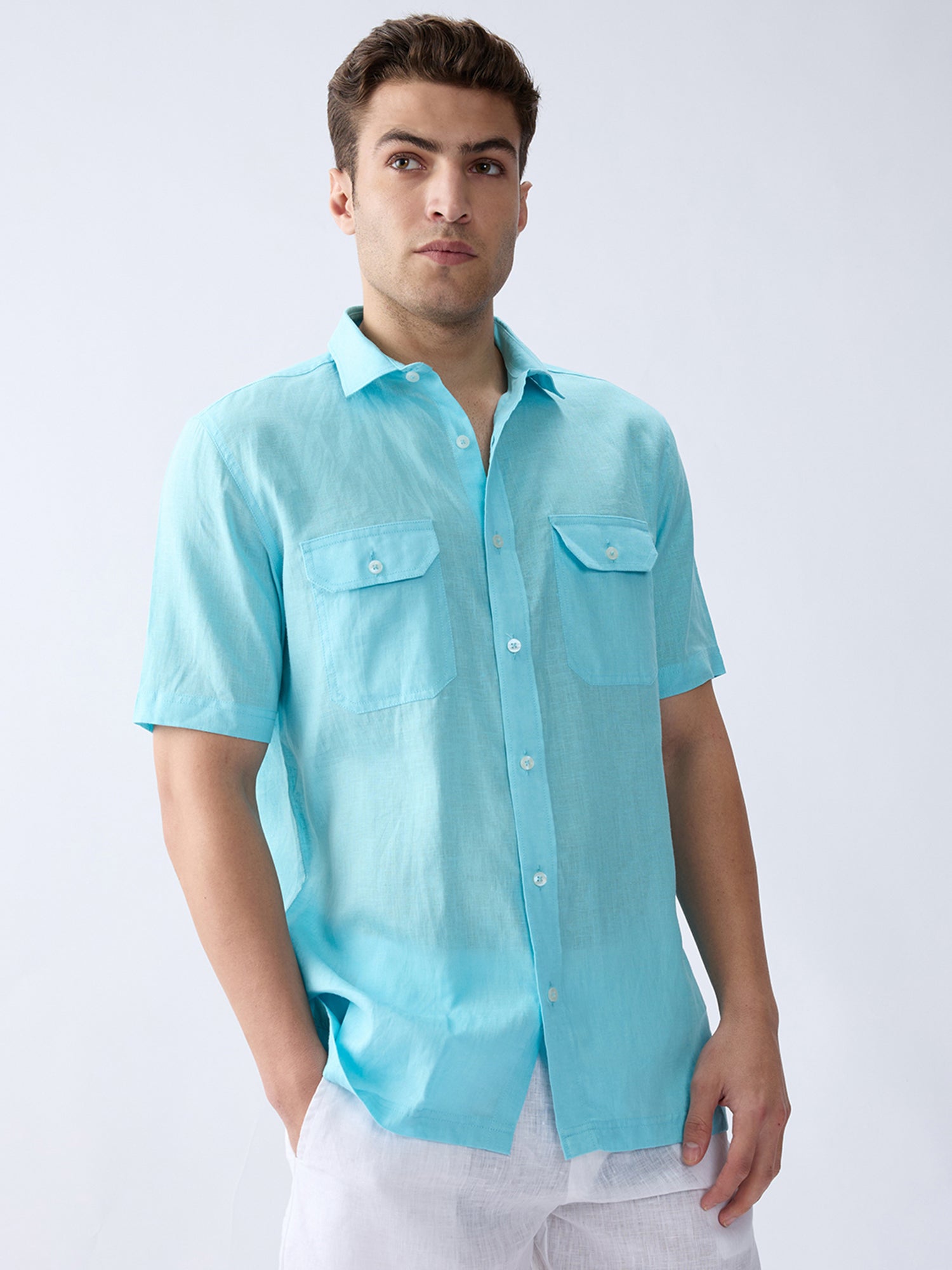 Sky Blue 100% Pure Linen Half Sleeve Safari