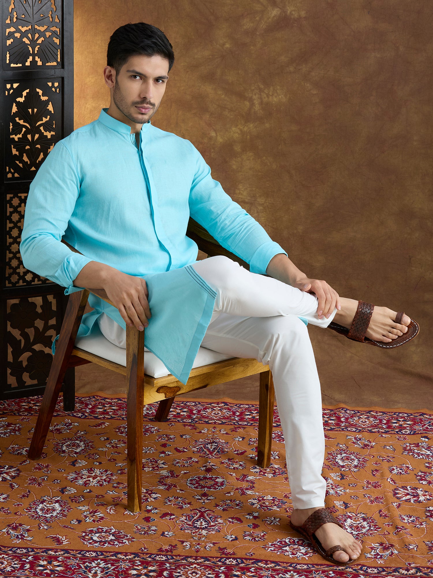 Kshetra | 100% Pure Linen Sky Blue Long Kurta