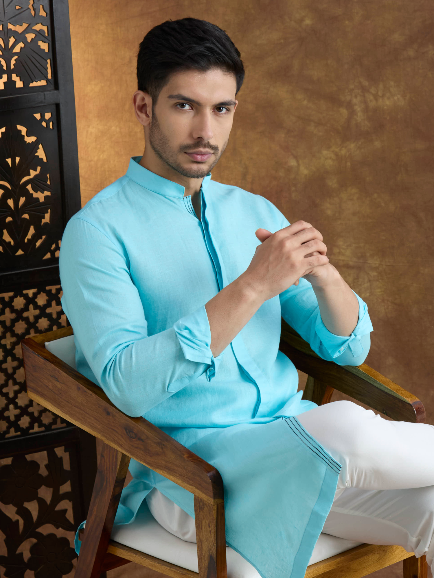 Kshetra | 100% Pure Linen Sky Blue Long Kurta
