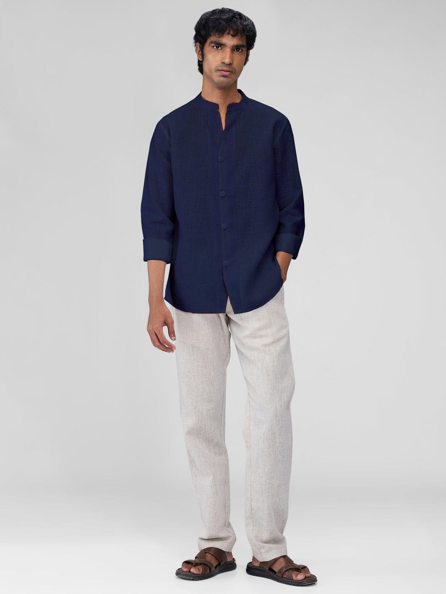 Airavat Mandarin | Navy 100% Pure Linen - Bhrata