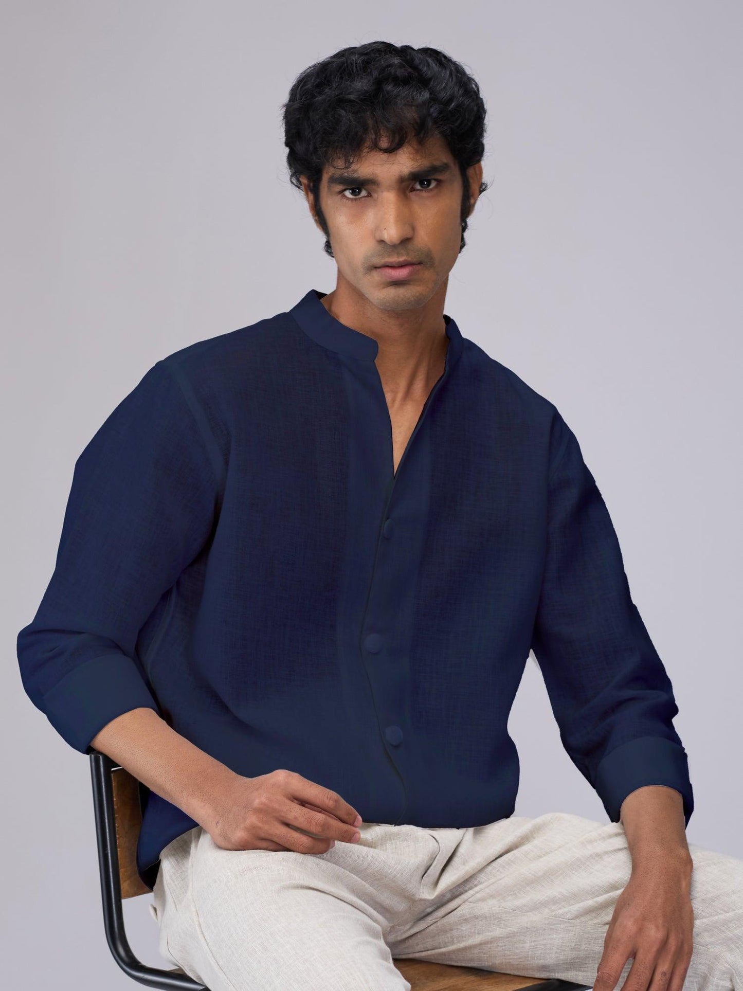 Airavat Mandarin | Navy 100% Pure Linen - Bhrata