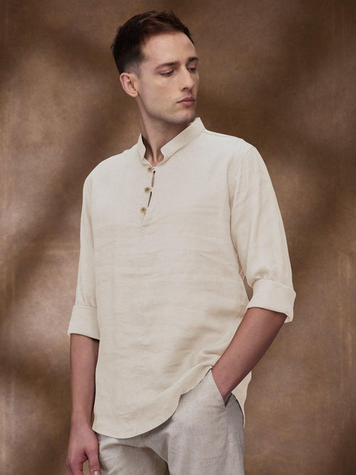 Beige 100% Pure Linen Short Kurta - Bhrata
