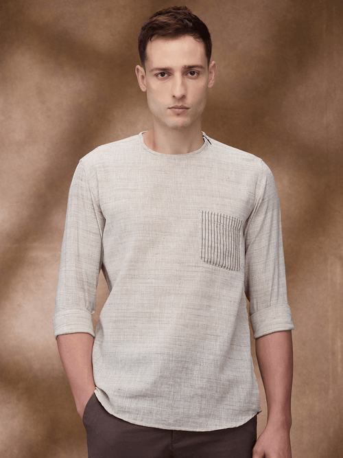 Beige 100% Pure Linen Zippered Kurta - Bhrata