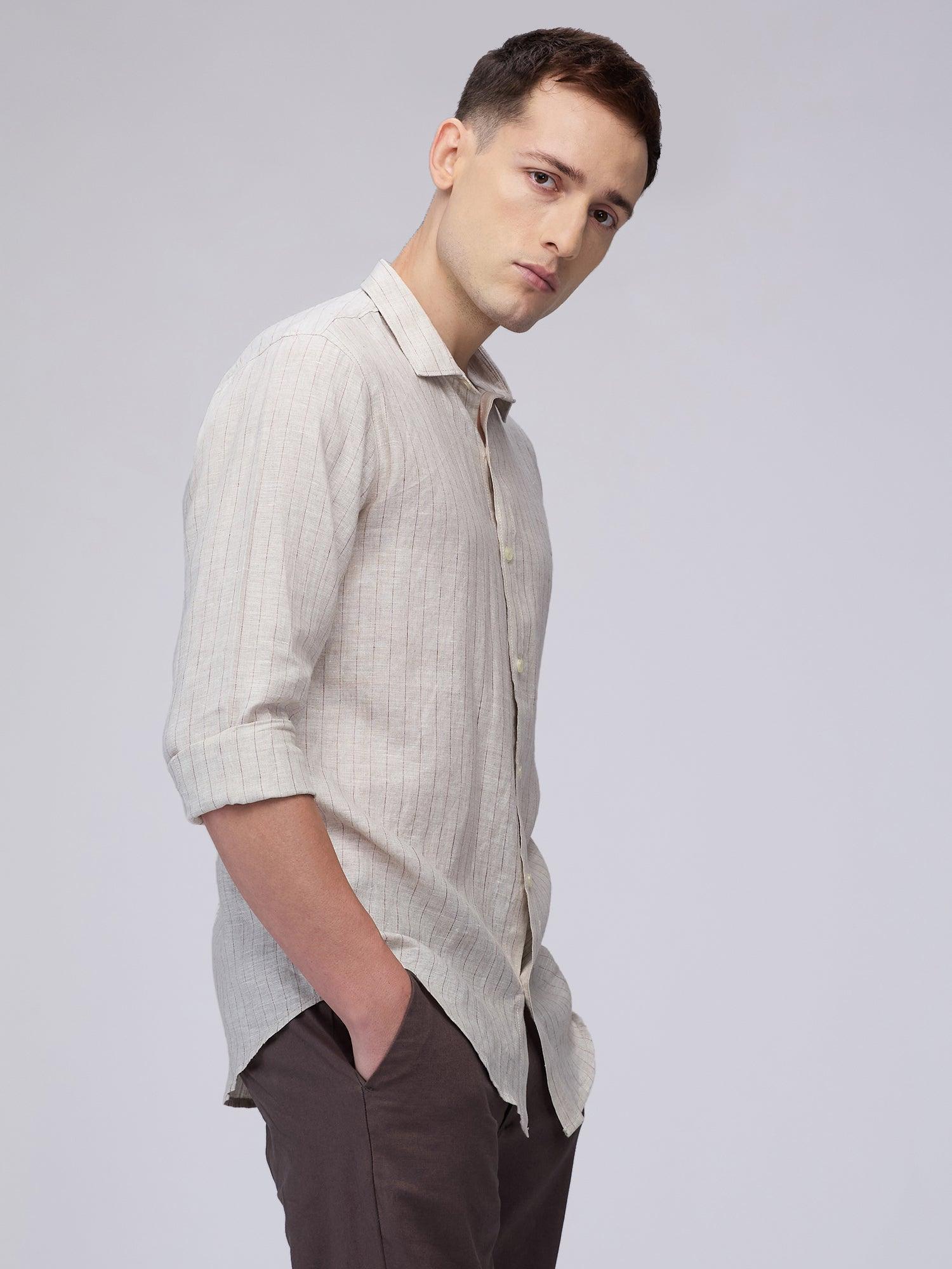 Beige Cream Striped 100% Pure Linen - Bhrata