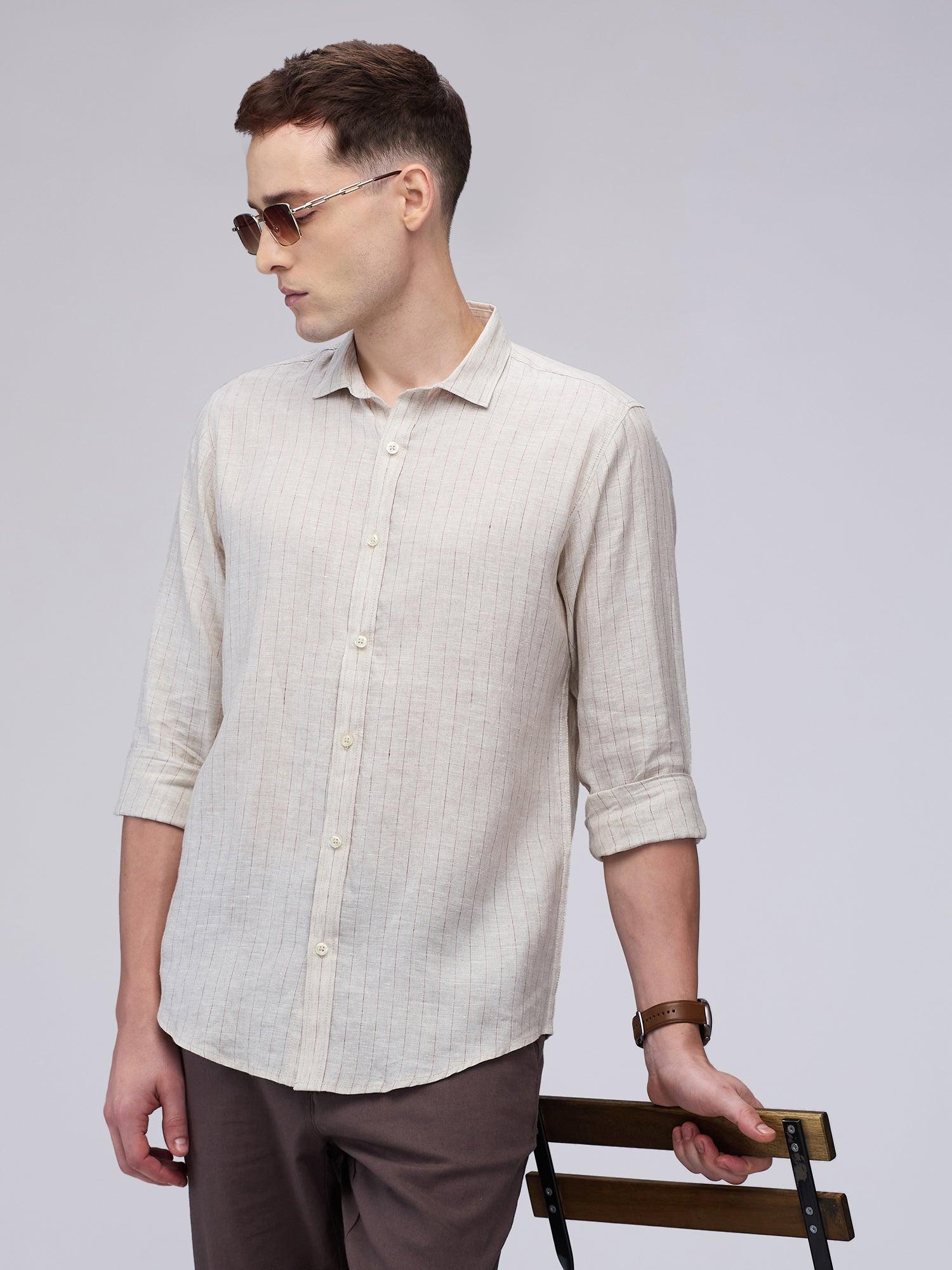 Beige Cream Striped 100% Pure Linen - Bhrata