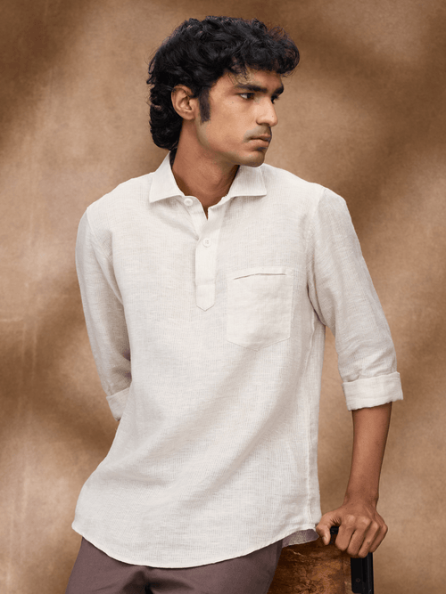 Beige Striped 100% Pure Linen Short Kurta - Bhrata