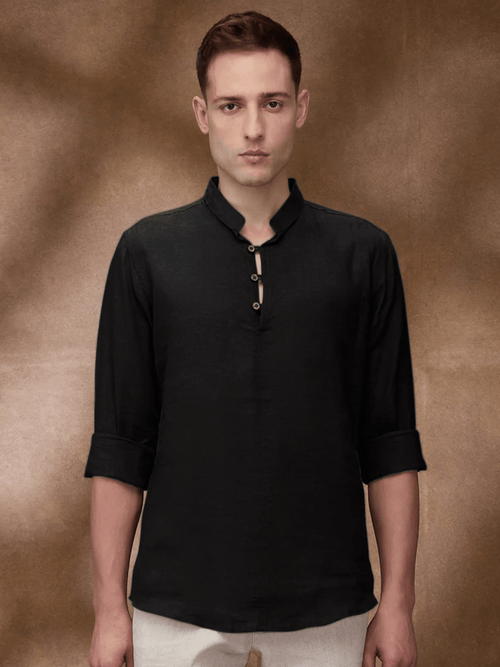Black 100% Pure Linen Short Kurta - Bhrata