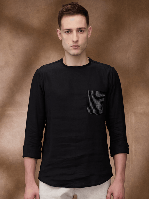 Black 100% Pure Linen Zippered Kurta - Bhrata