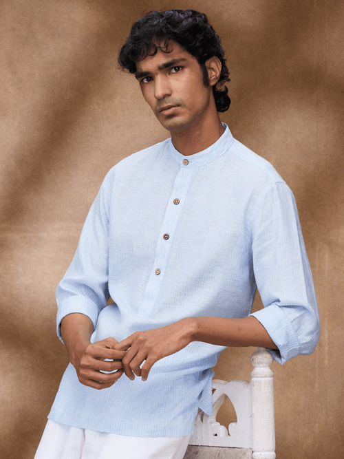 Blue Striped 100% Pure Linen Short Kurta - Bhrata