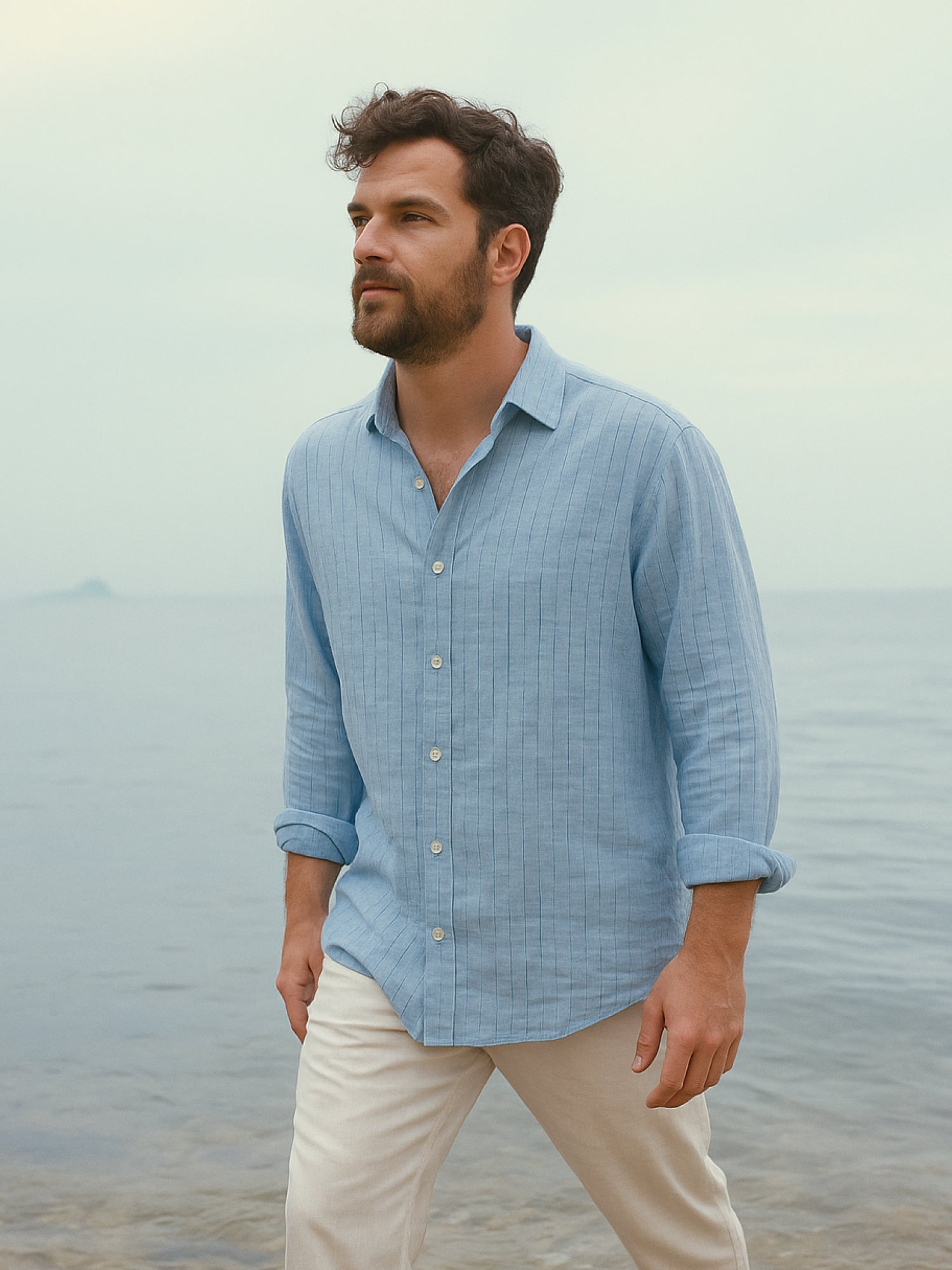 Cerulean Blue Striped 100% Pure Linen