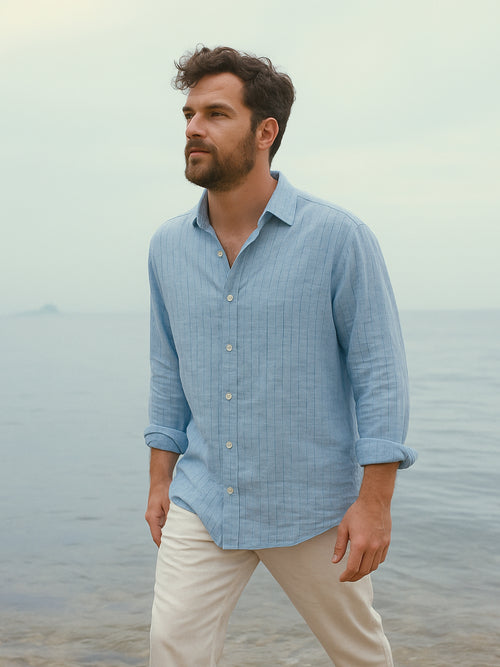 Cerulean Blue Striped 100% Pure Linen