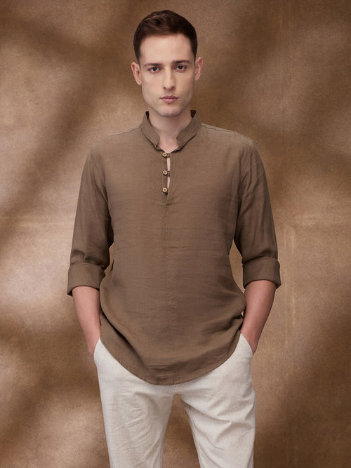 Brown 100% Pure Linen Short Kurta