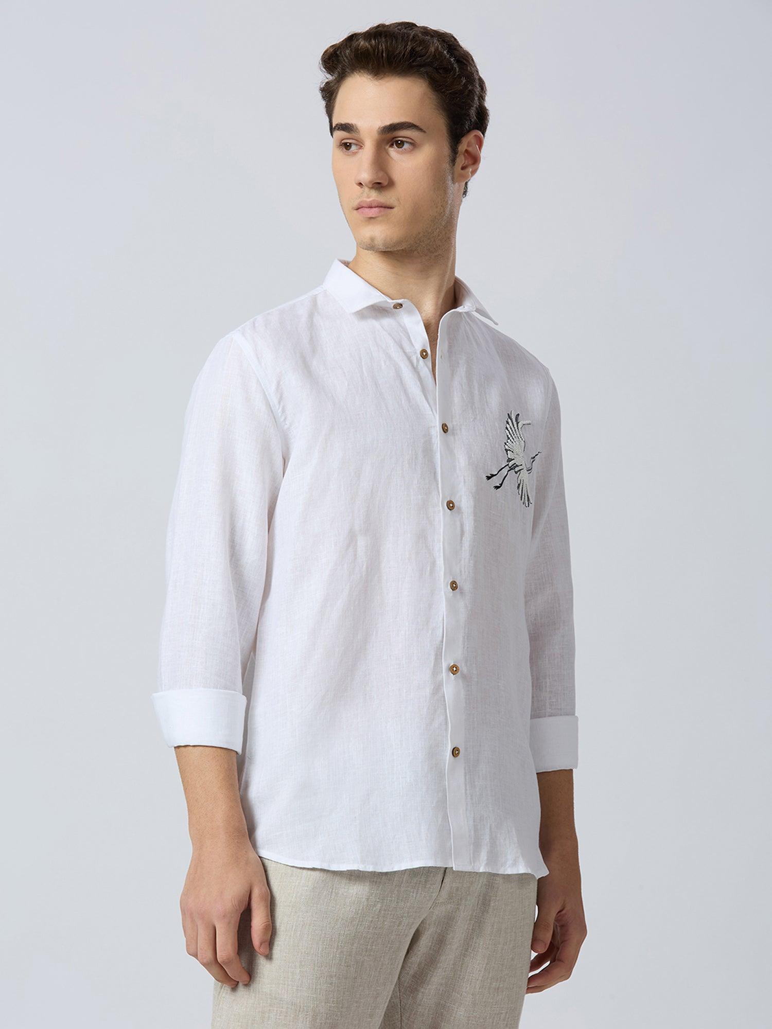 Celestial Crane Pure Linen—Ivory - Bhrata