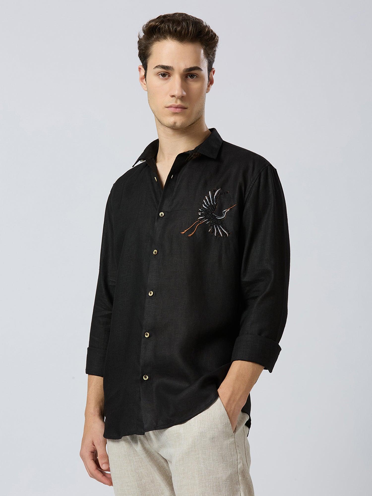 Celestial Crane Pure Linen—Onyx - Bhrata