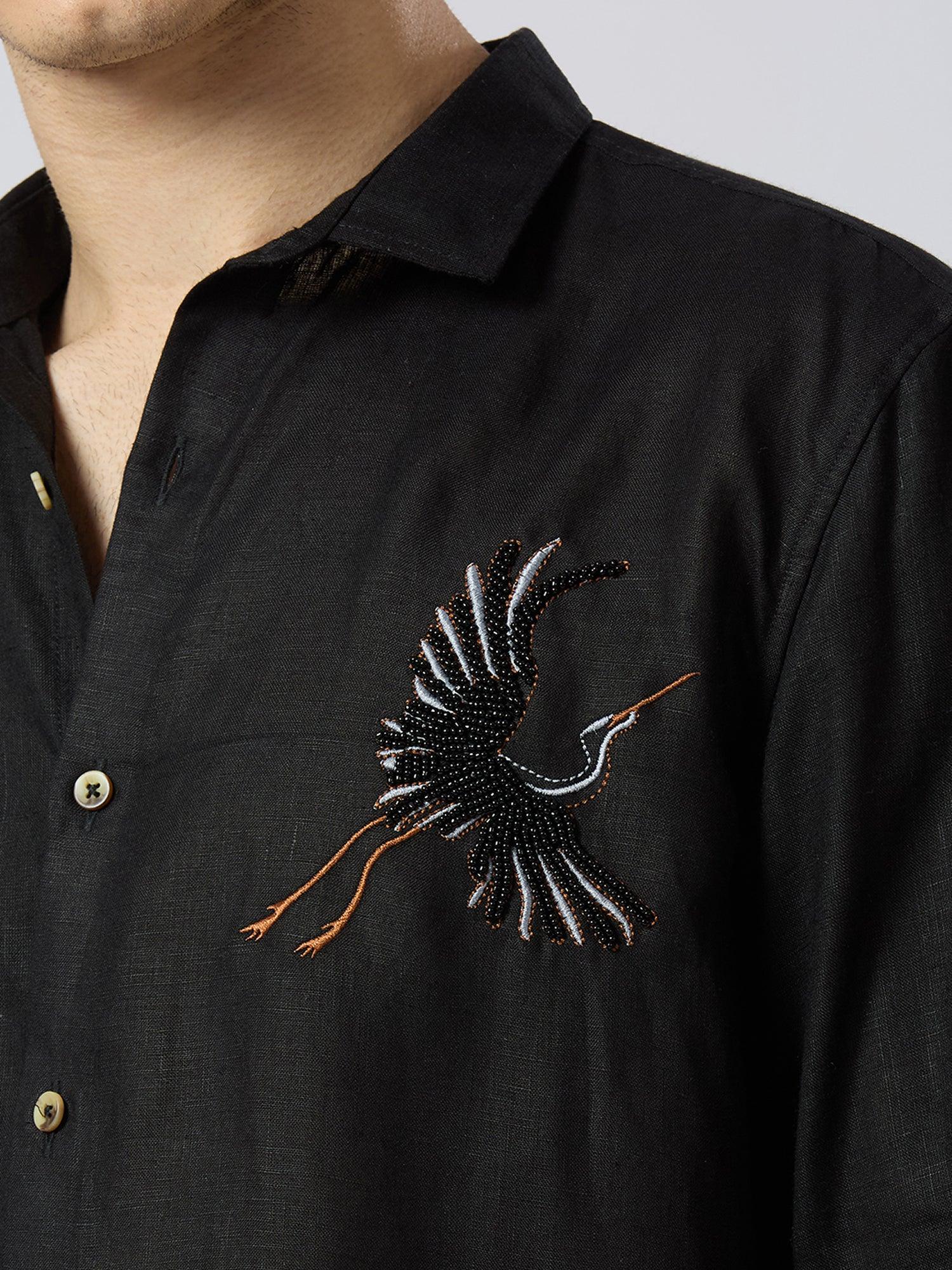 Celestial Crane Pure Linen—Onyx - Bhrata