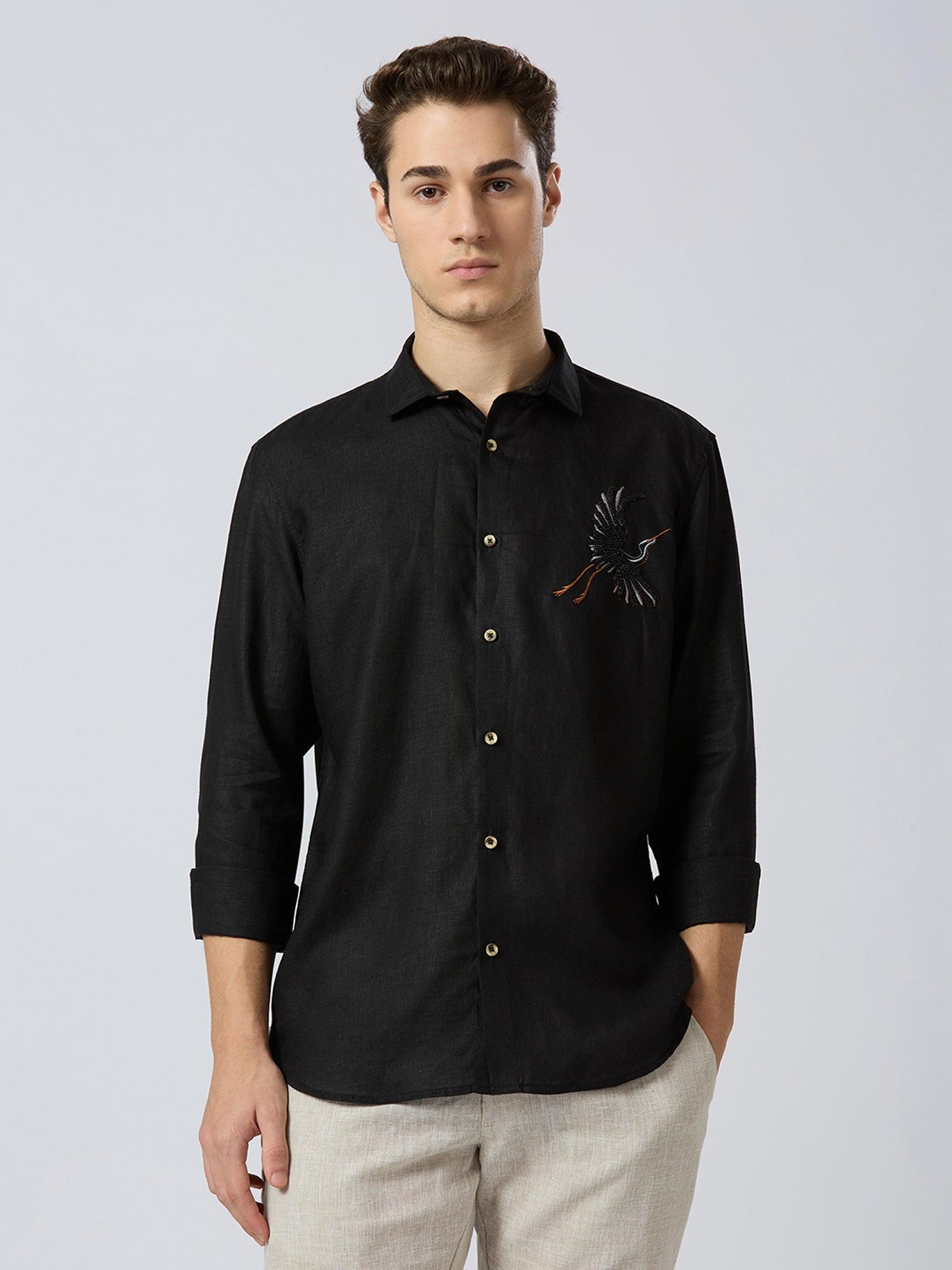 Celestial Crane Pure Linen—Onyx - Bhrata