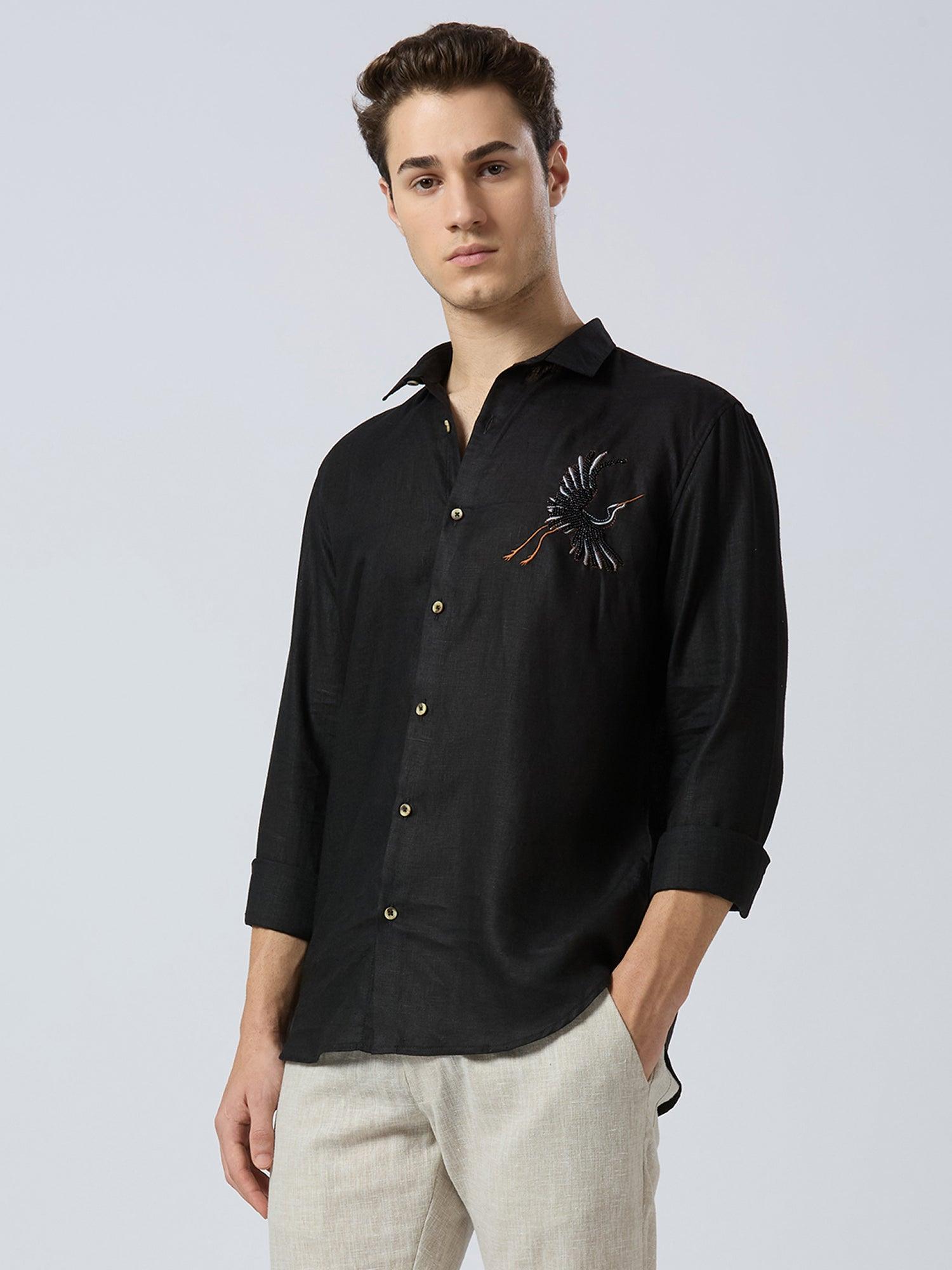 Celestial Crane Pure Linen—Onyx - Bhrata