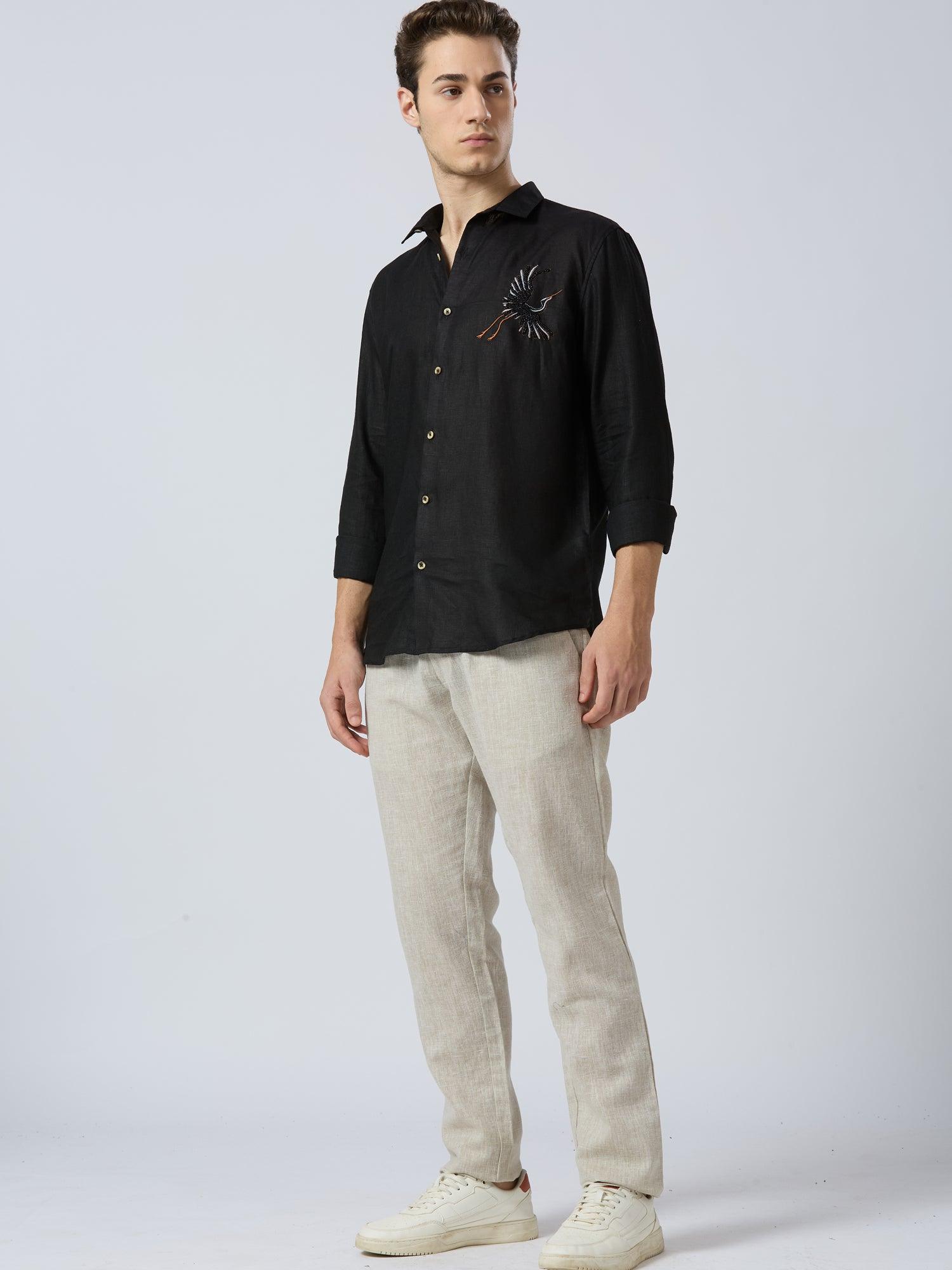 Celestial Crane Pure Linen—Onyx - Bhrata