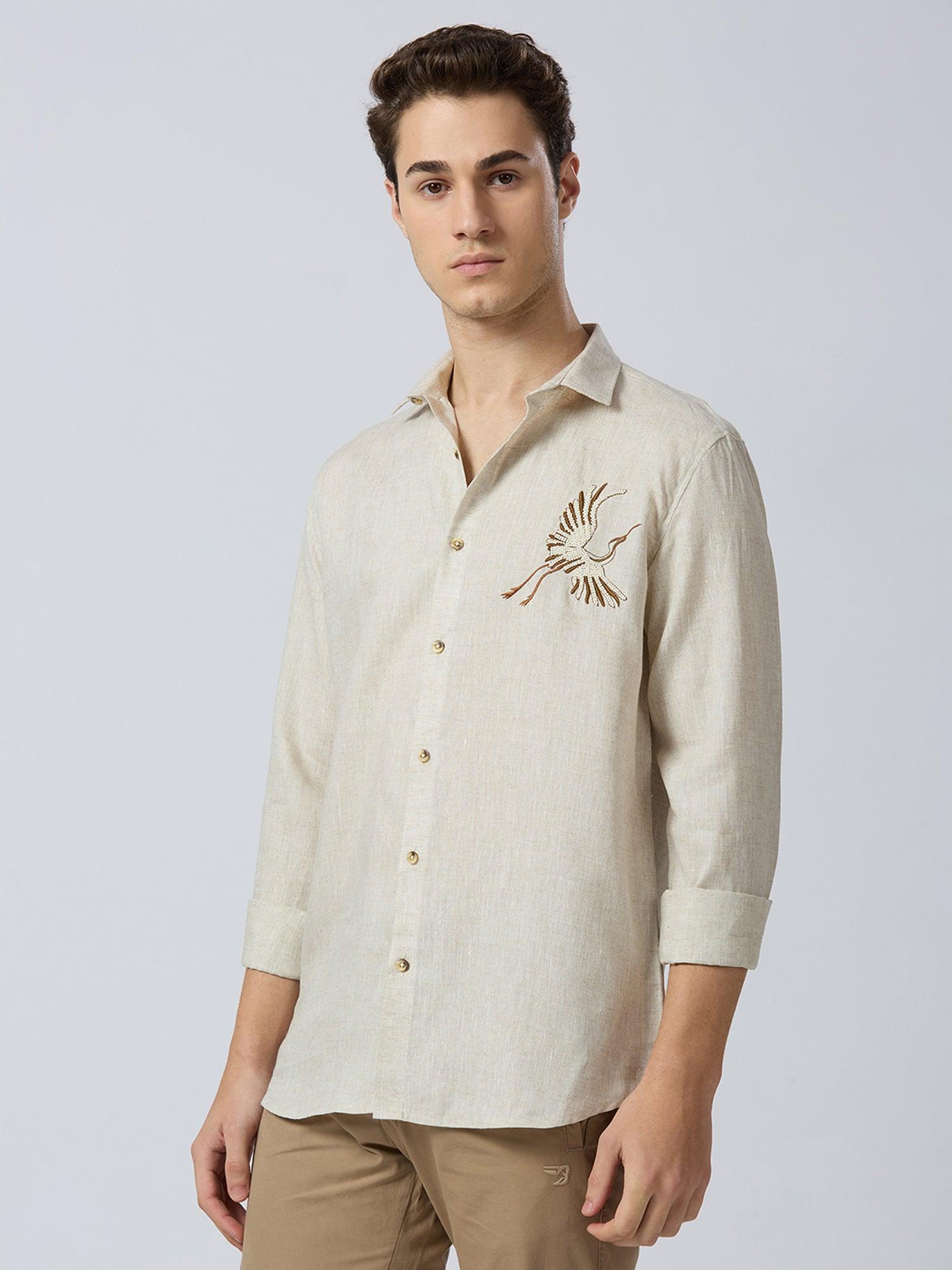 Celestial Crane Pure Linen—Sandstone - Bhrata