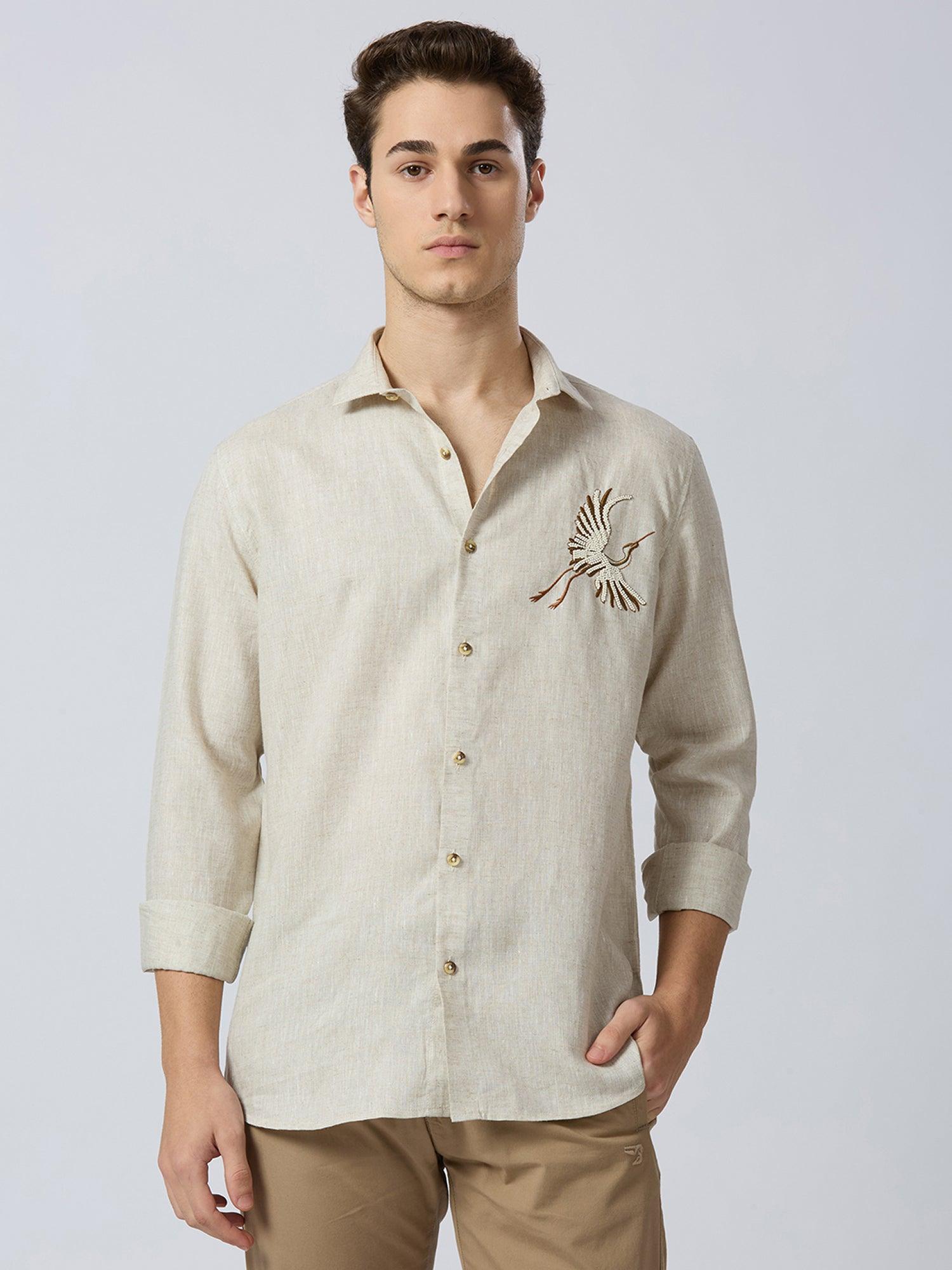 Celestial Crane Pure Linen—Sandstone - Bhrata