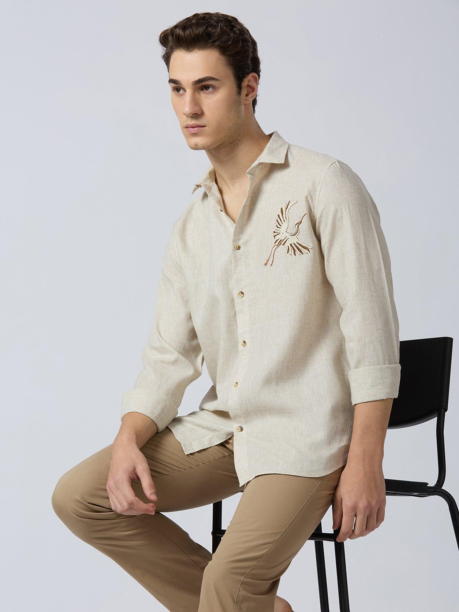 Celestial Crane Pure Linen—Sandstone - Bhrata