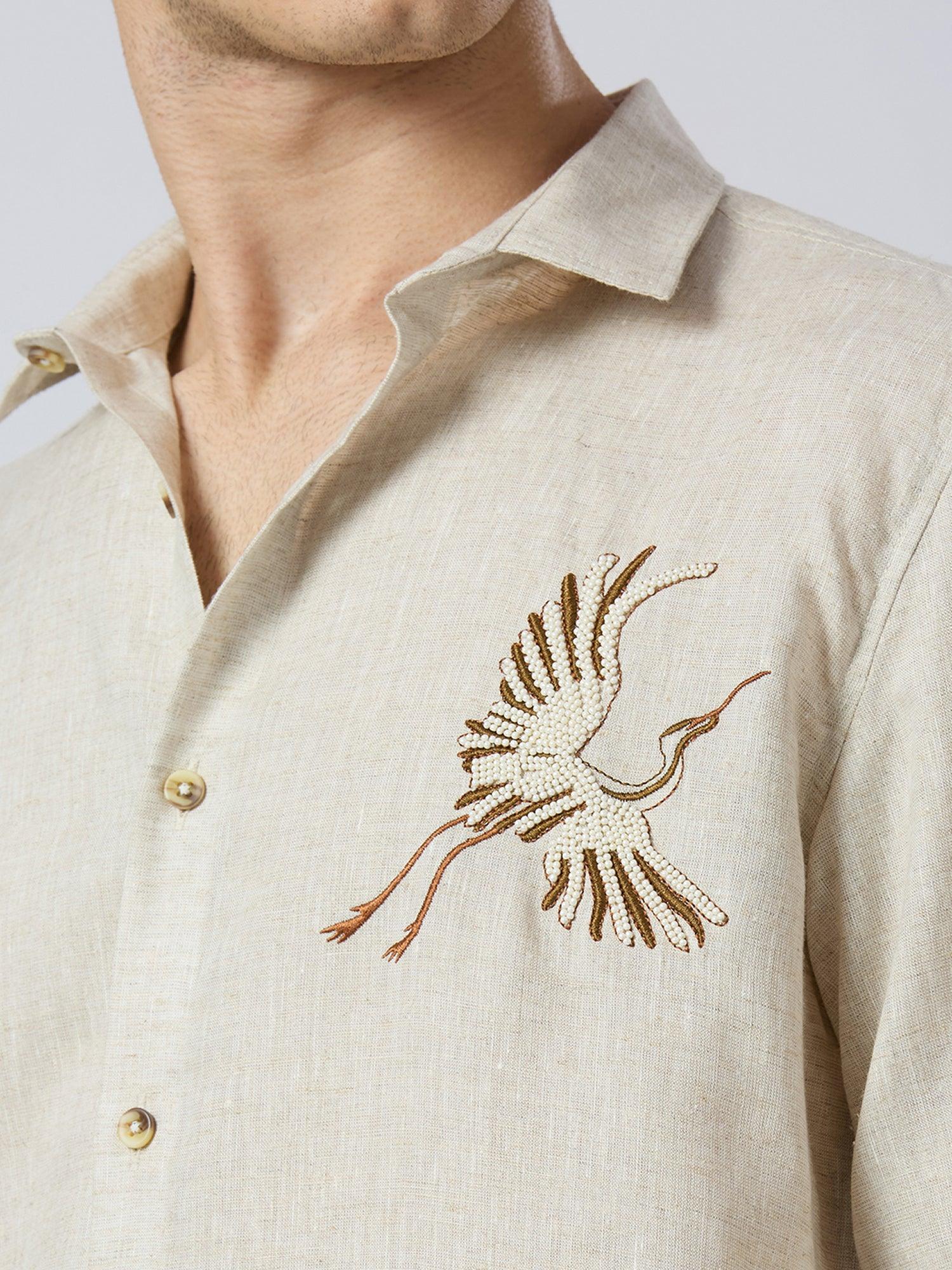 Celestial Crane Pure Linen—Sandstone - Bhrata