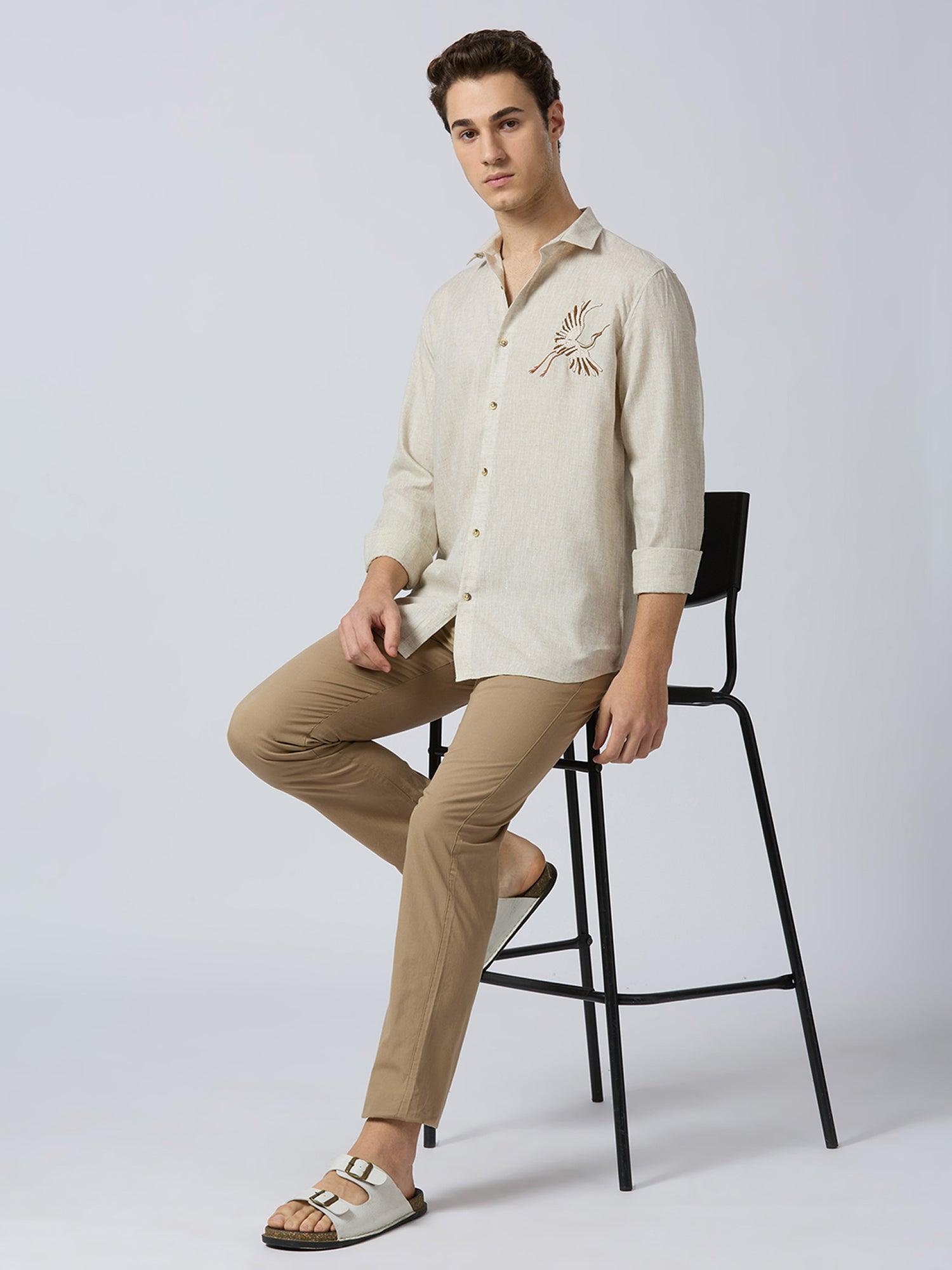 Celestial Crane Pure Linen—Sandstone - Bhrata