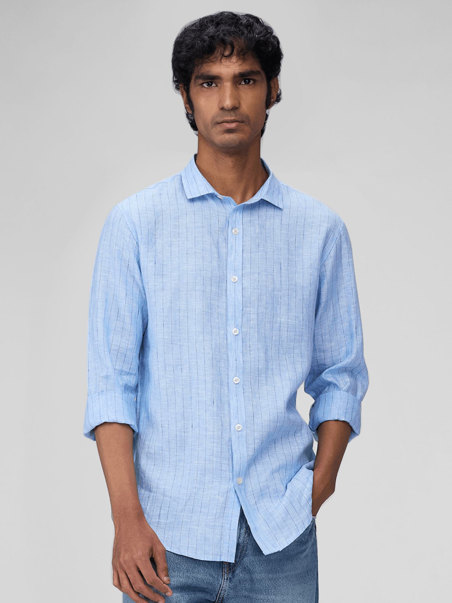 Cerulean Blue Striped 100% Pure Linen - Bhrata