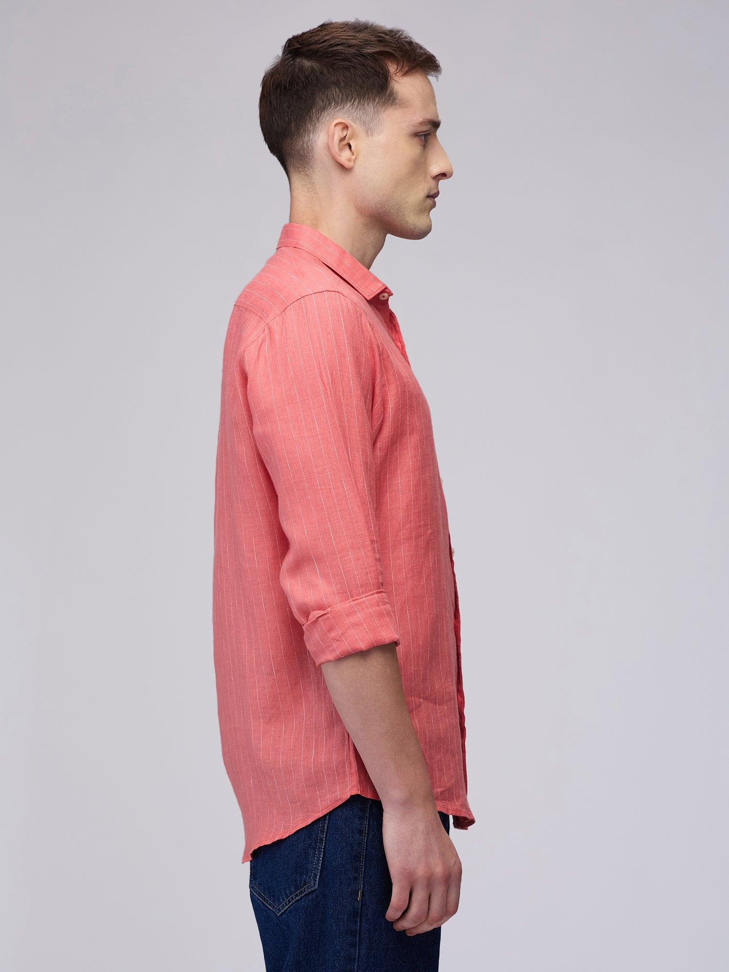 Coral Red Striped 100% Pure Linen - Bhrata