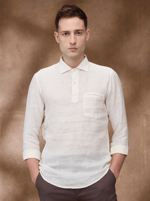 Cream Striped 100% Pure Linen Short Kurta - Bhrata