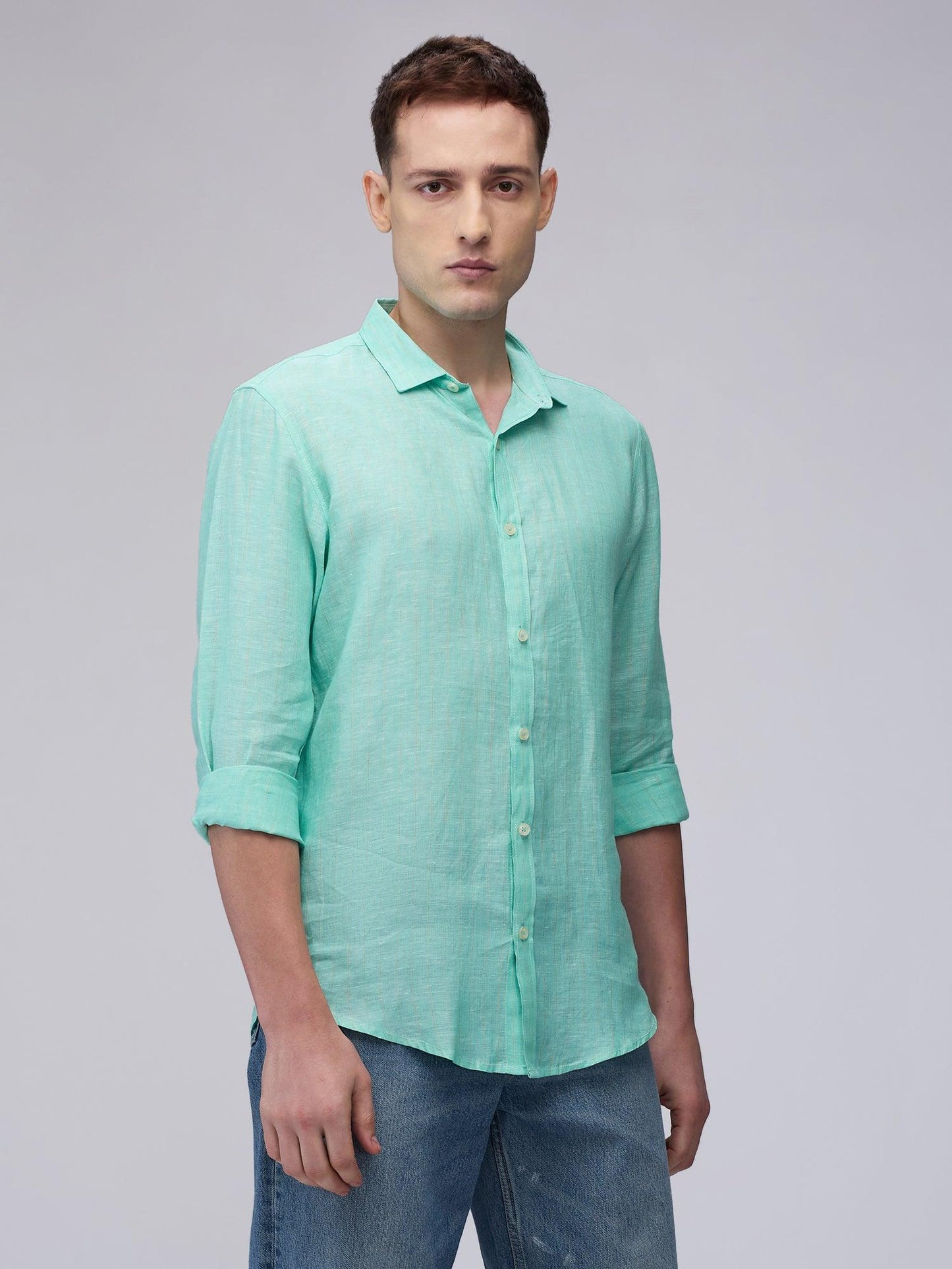 Fern Green Striped 100% Pure Linen - Bhrata