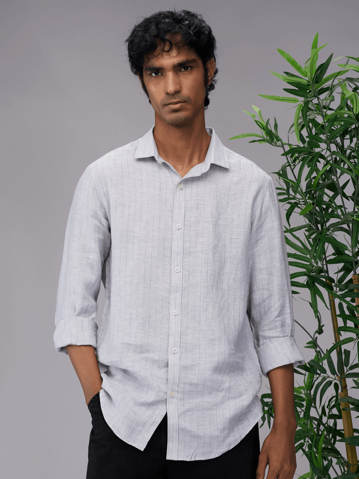 Glacier Gray Striped 100% Pure Linen - Bhrata