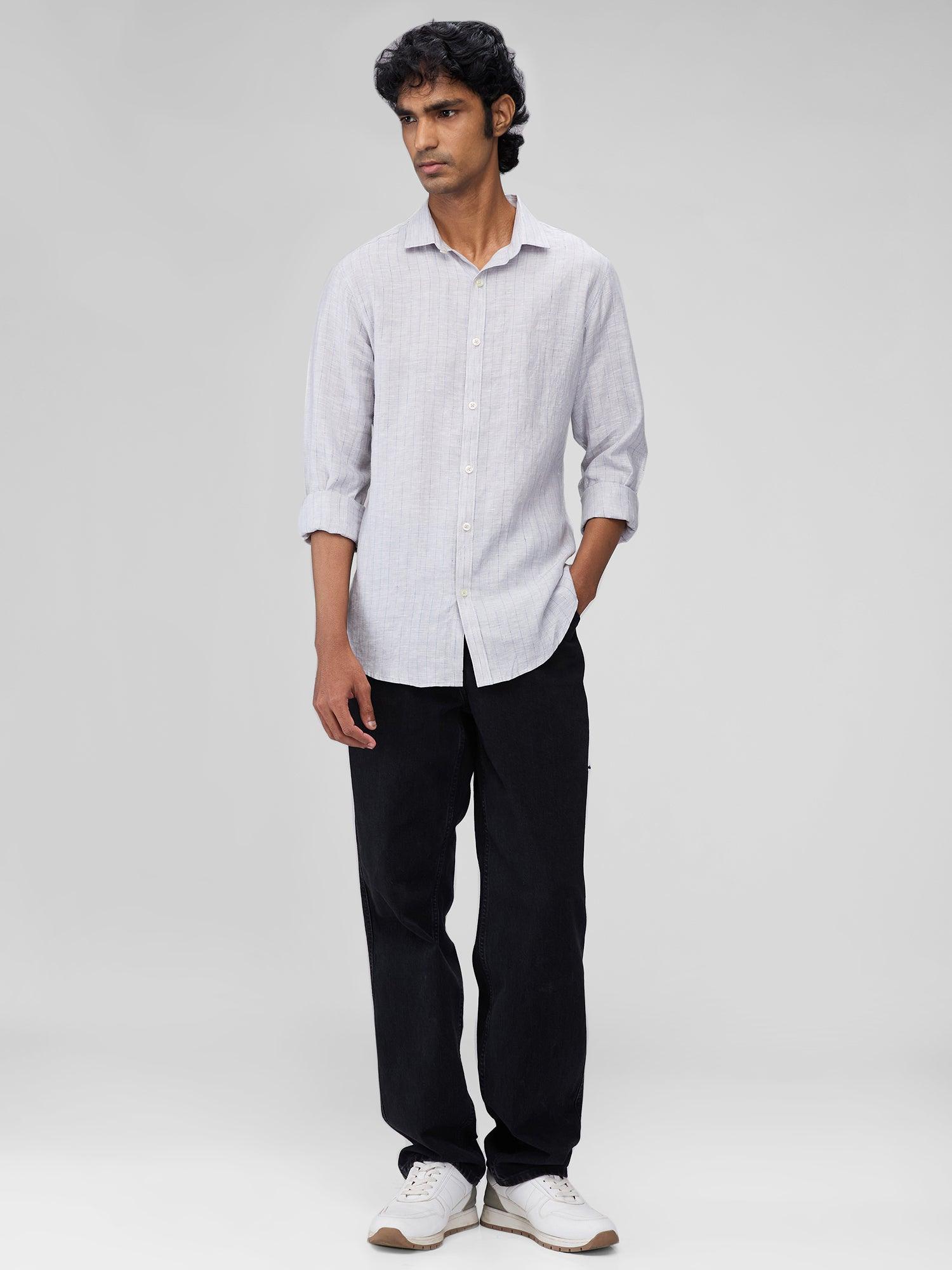 Glacier Gray Striped 100% Pure Linen - Bhrata