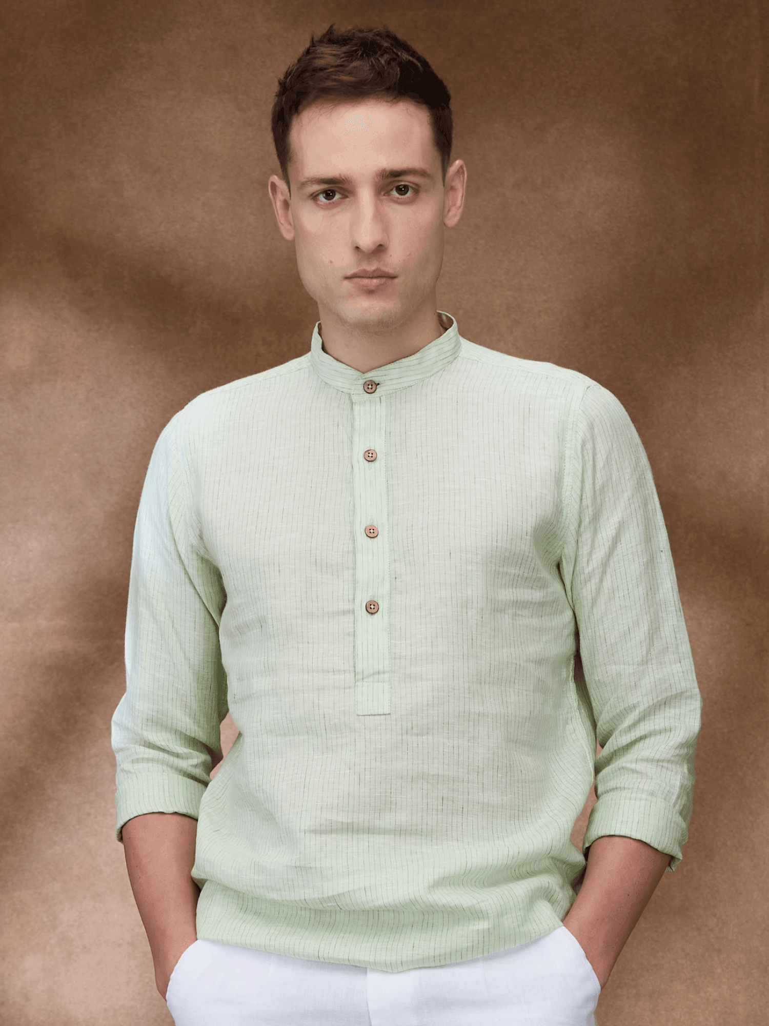 Green Striped 100% Pure Linen Short Kurta - Bhrata