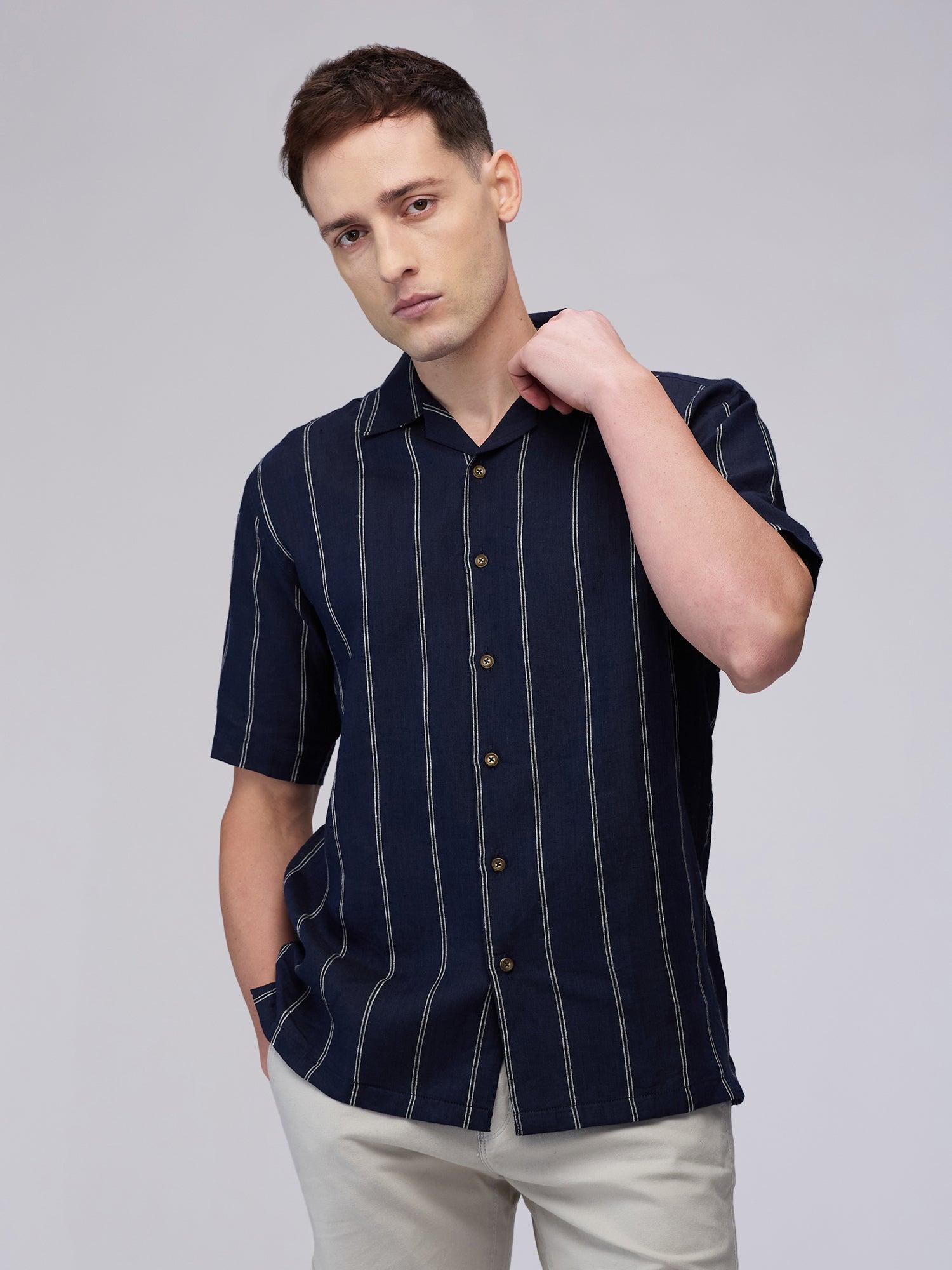 Indigo Stripe 100% Pure Linen Cuban - Bhrata