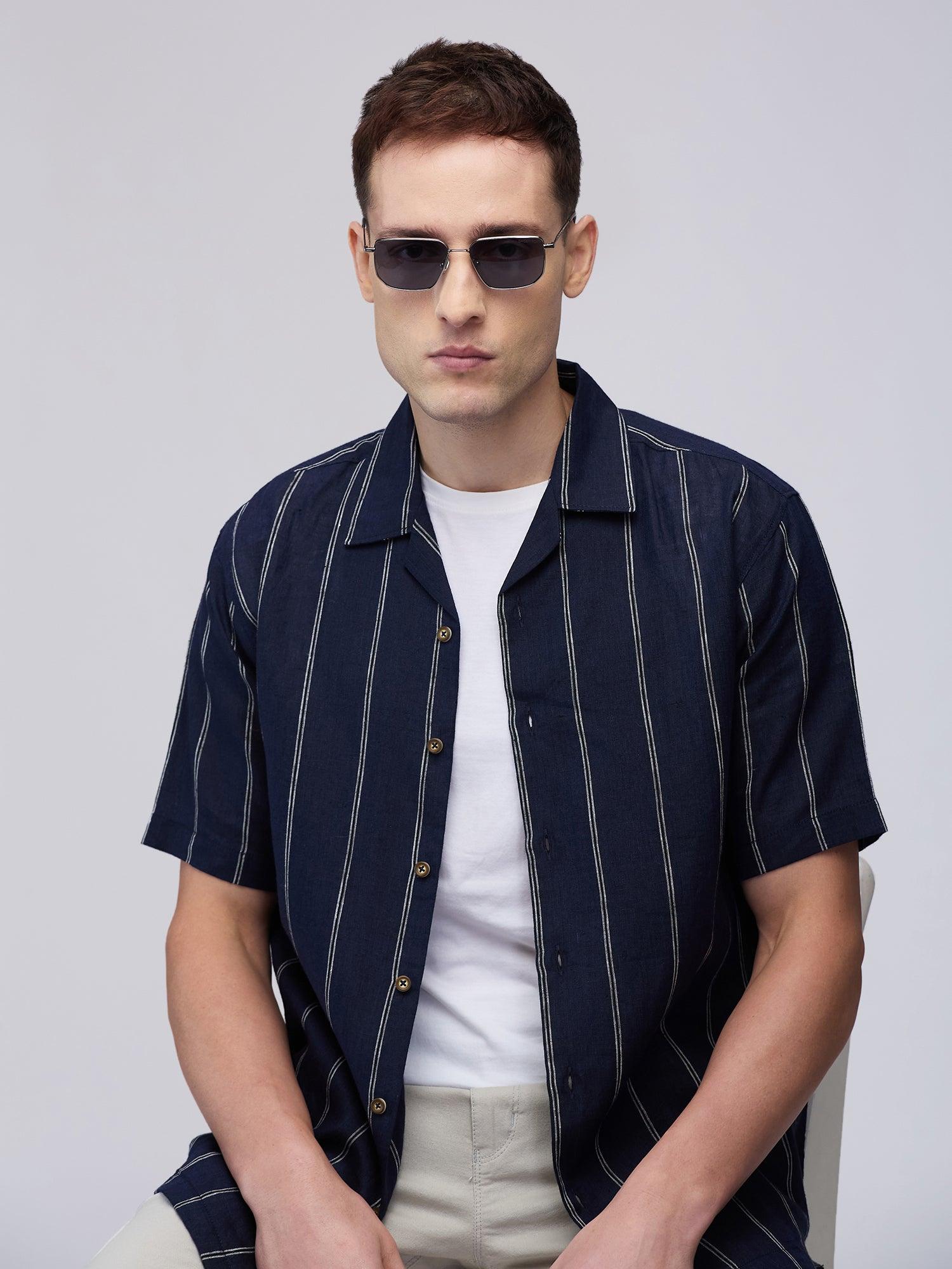 Indigo Stripe 100% Pure Linen Cuban - Bhrata