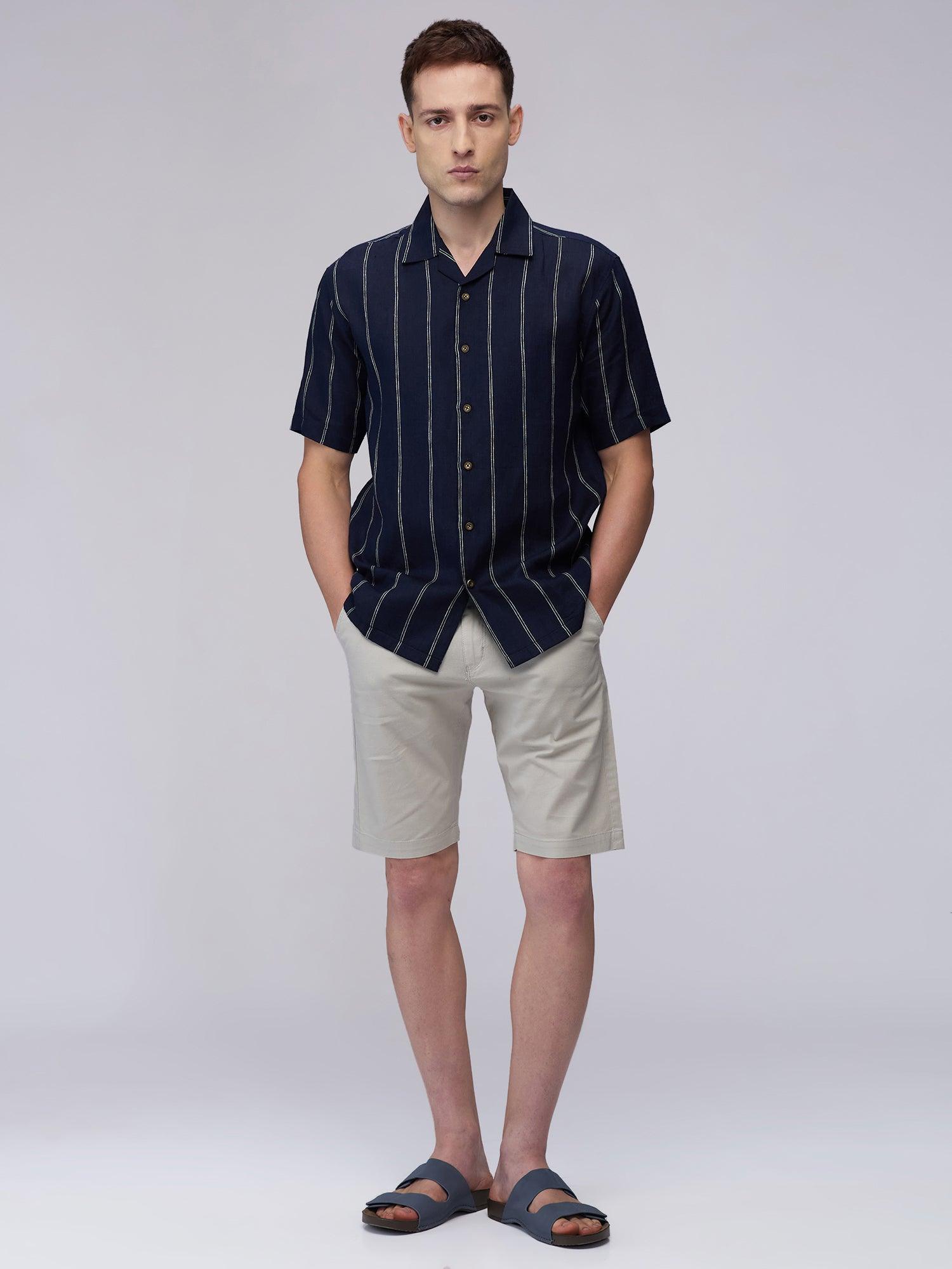 Indigo Stripe 100% Pure Linen Cuban - Bhrata