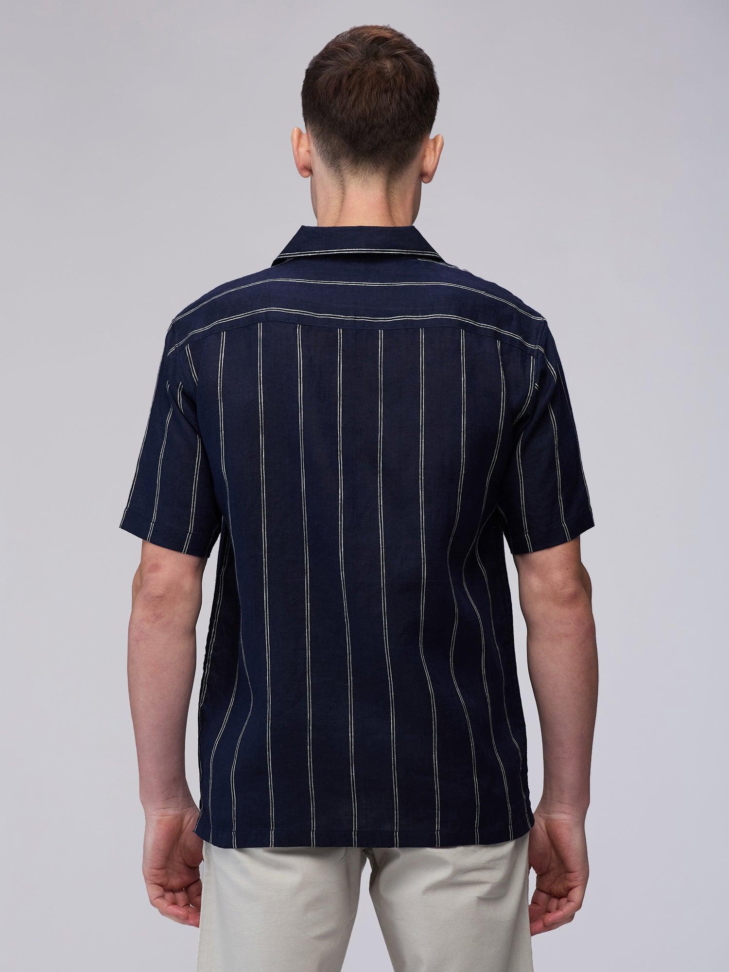 Indigo Stripe 100% Pure Linen Cuban - Bhrata