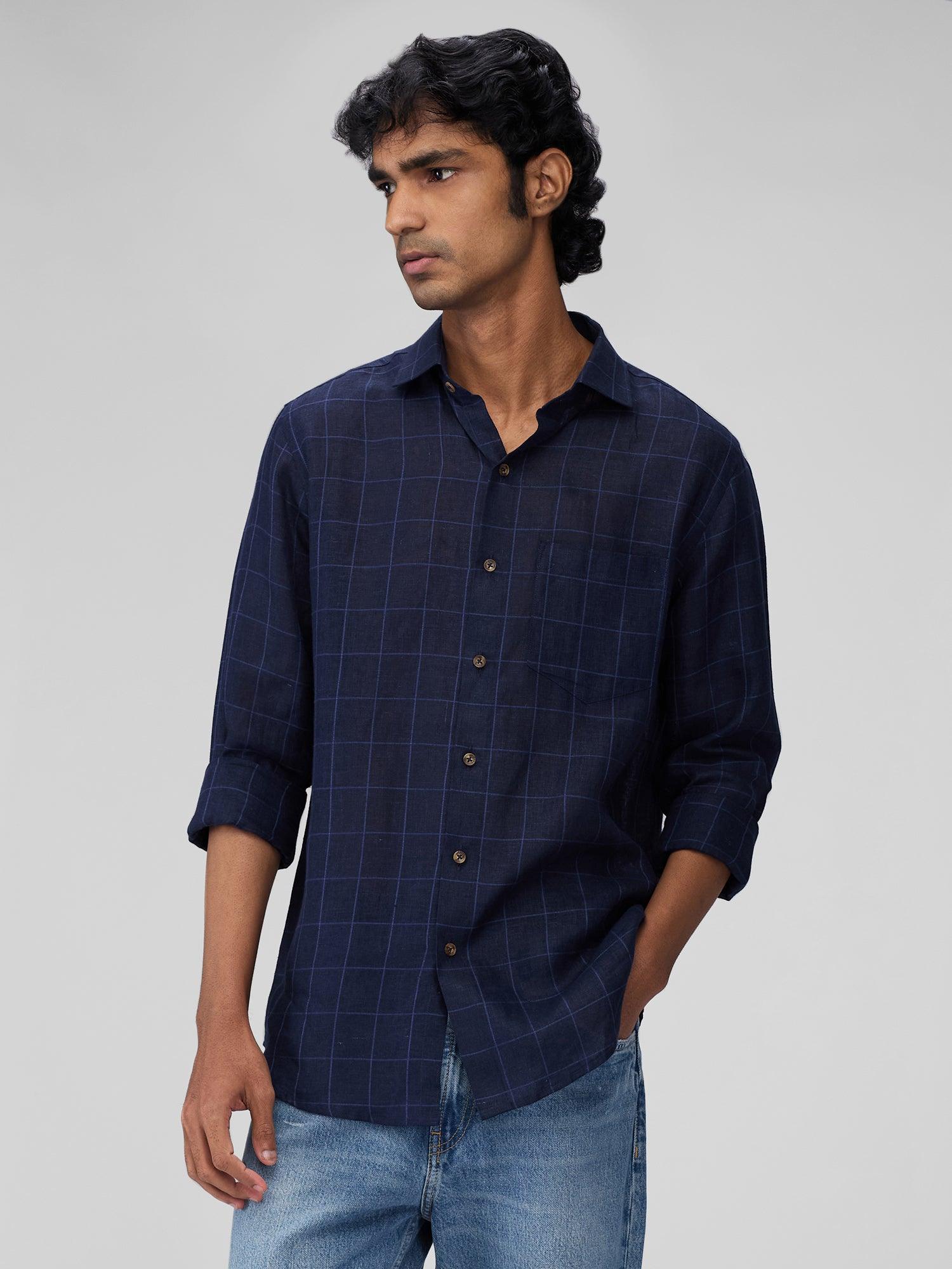 Navy 100% Pure Linen Check Men's Shirt—Bhrata