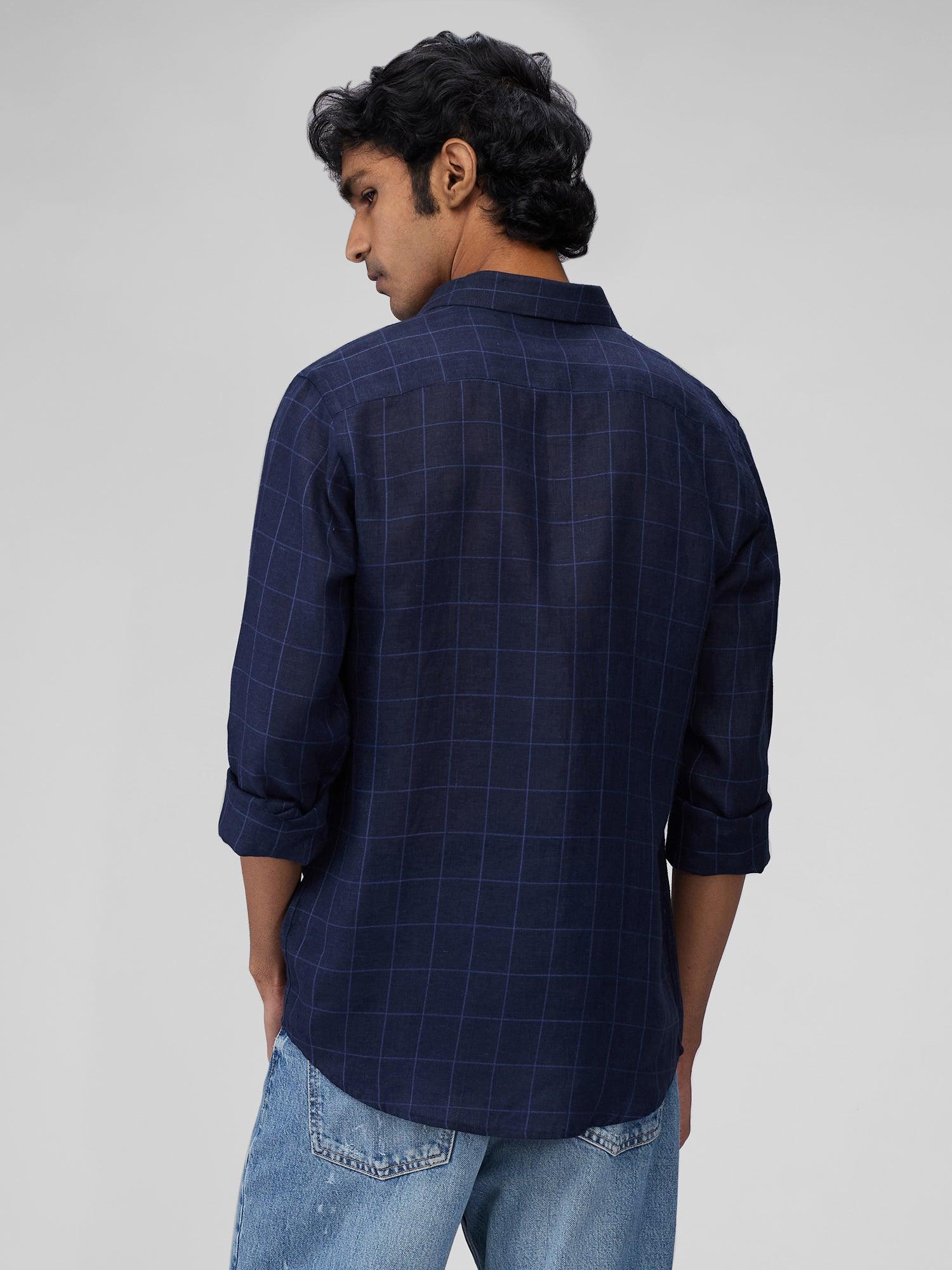 Navy 100% Pure Linen Check Men's Shirt—Bhrata